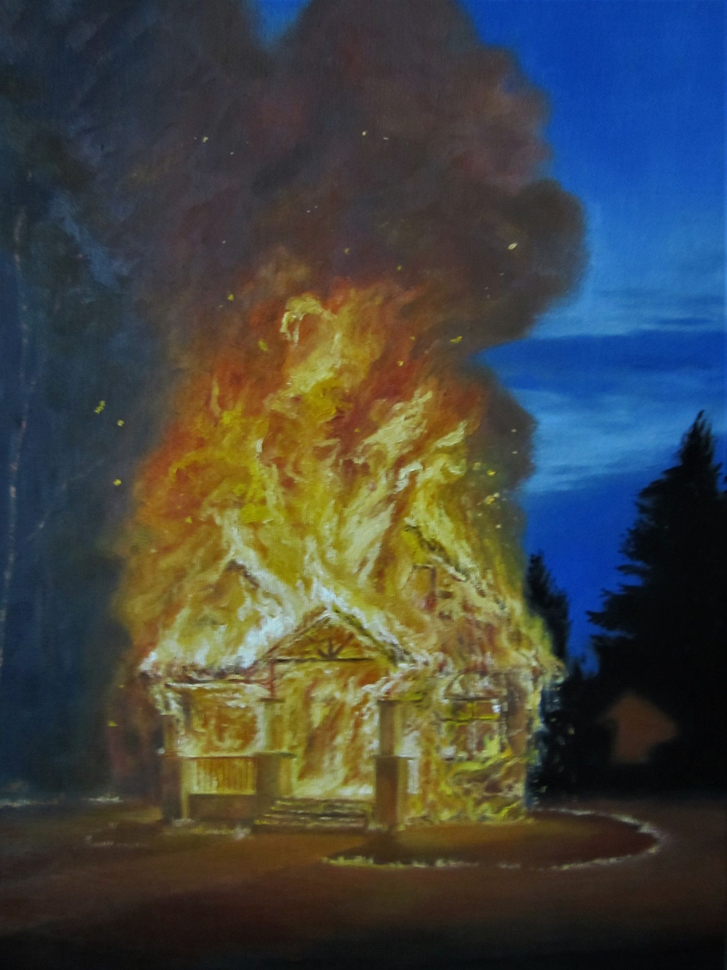 Series: "Stuff on Fire"- "House on Fire", oil on canvas, 12x16", 2020. A painting of a house fully engulfed in flames against a deep blue evening sky. (original price- $850(Cdn), but open to any offer)