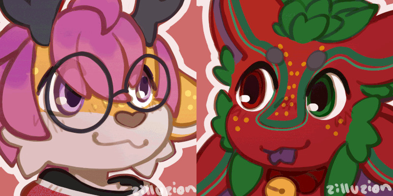 two characters side-by-side, a deer with yellow fur, pink hair and round glasses on the left, and a strawberry-avali with red face and green leaf/feathers on the right. they look at each other, smiling, before leaning in for a kiss~