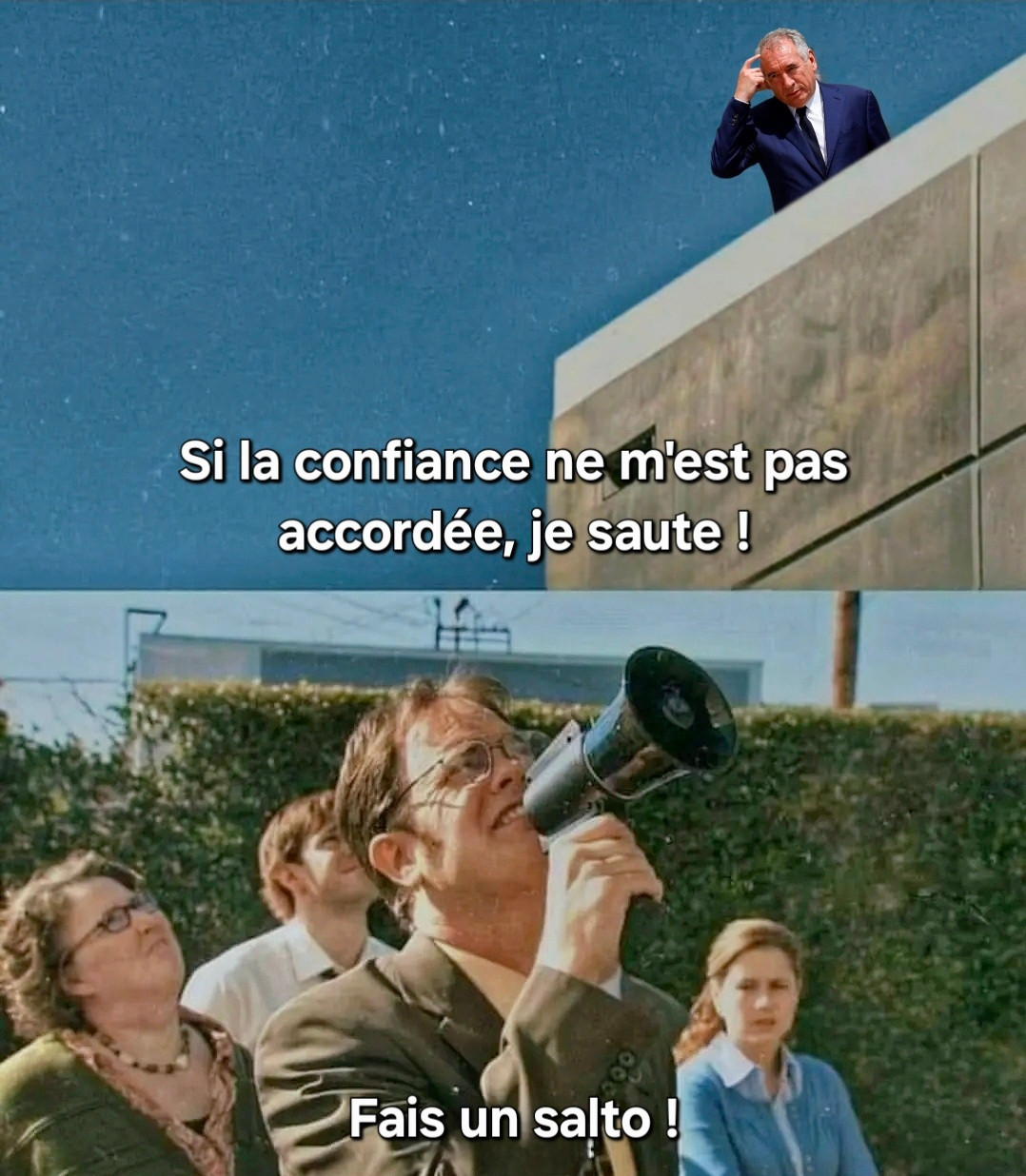 Mème The Office "do a flip !", avec Bayrou qui dit "si la confiance ne m'est pas accordée, je saute !" du haut d'un immeuble. Dwight Schrute lui répond "Fais un salto !"