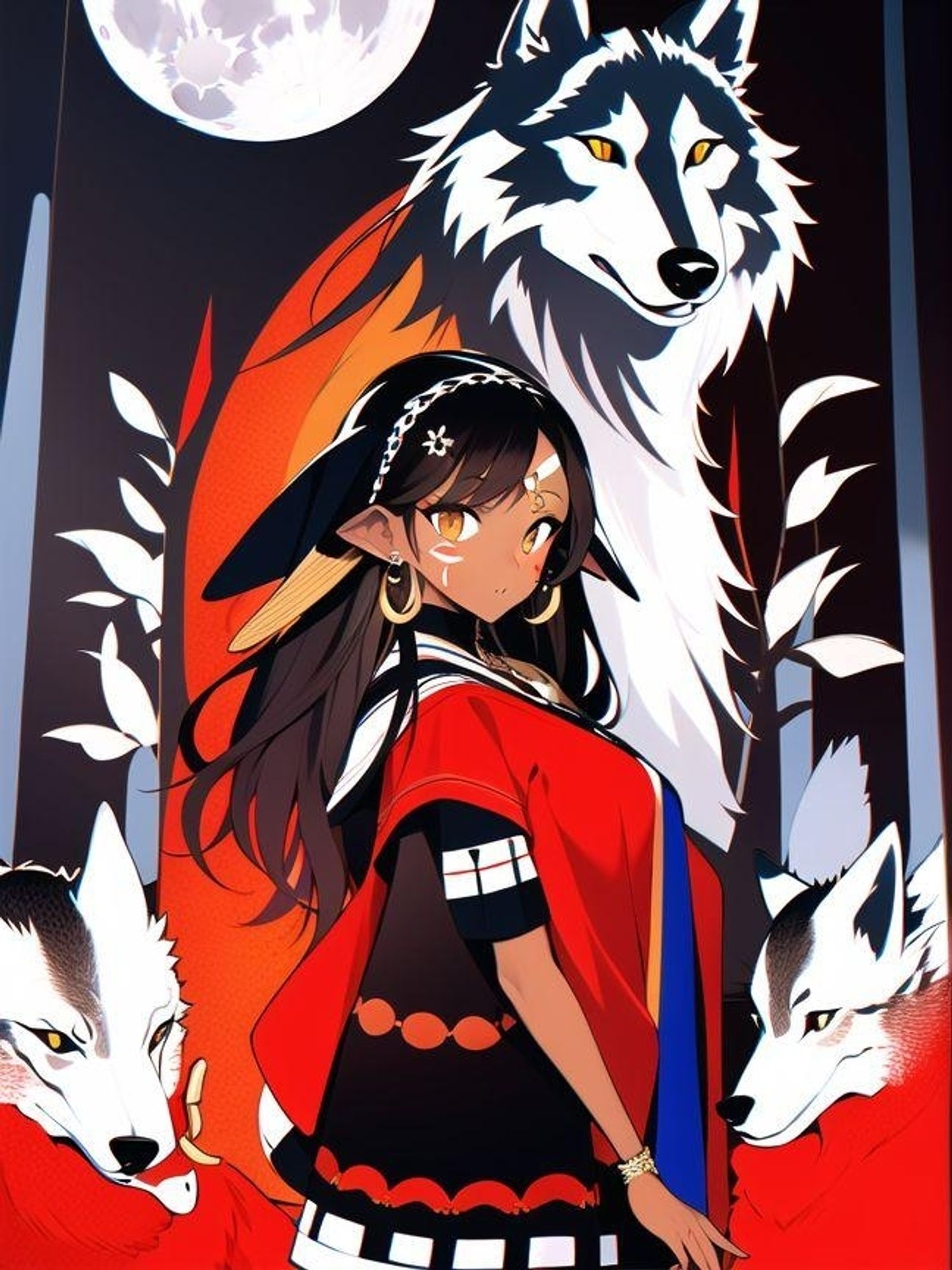 anime animegirl wolf red white black story ai aiart