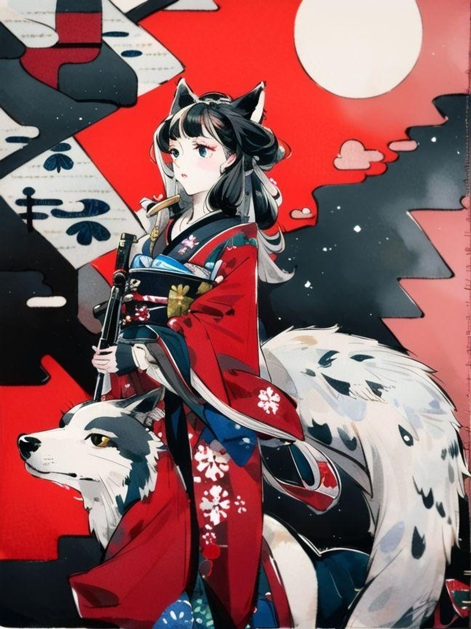 anime animegirl wolf red white black story ai aiart