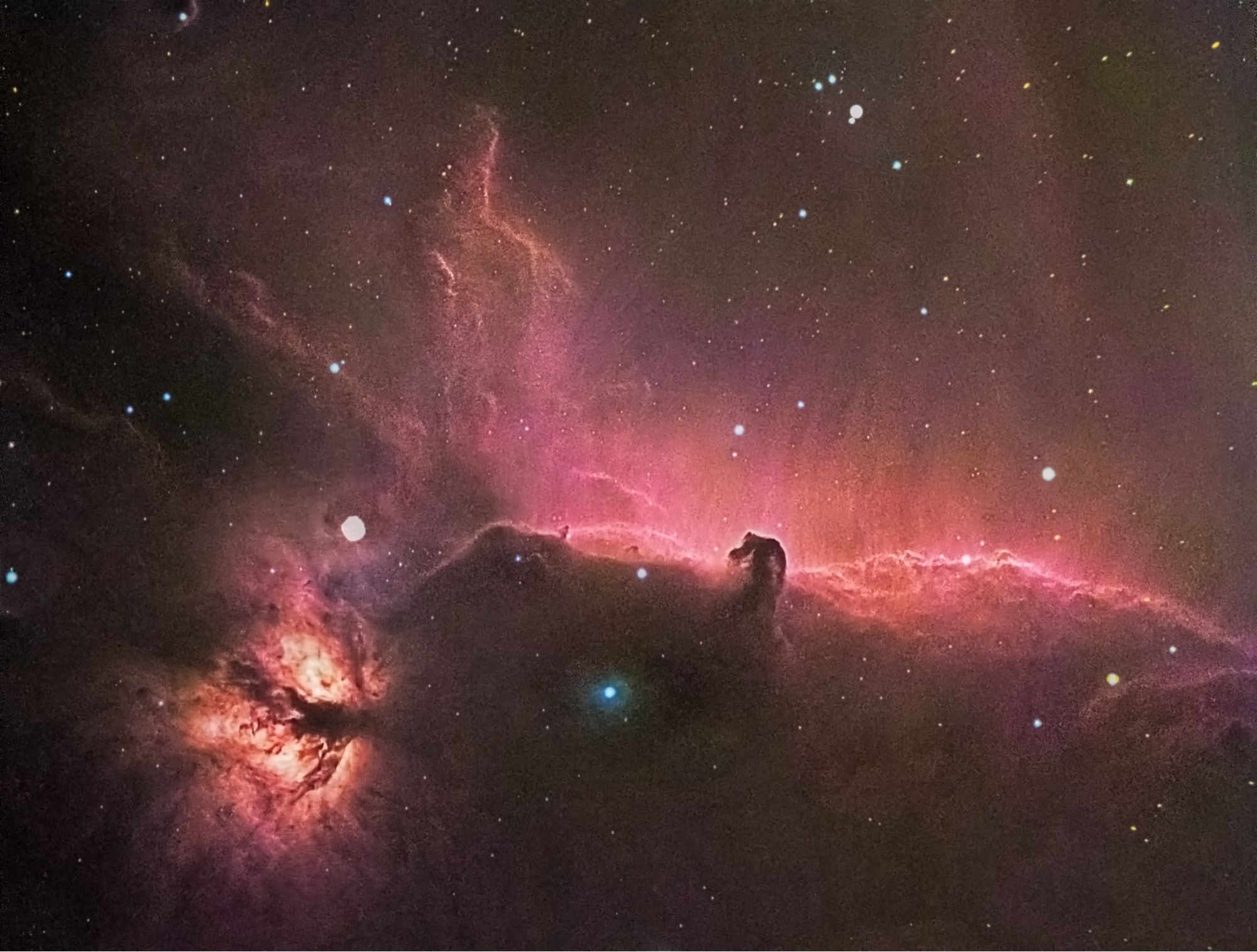 A composite image of IC434 the Horsehead nebula, combining the colour data from the canon 1000d with the Hydrogen Alpha image as a luminance layer