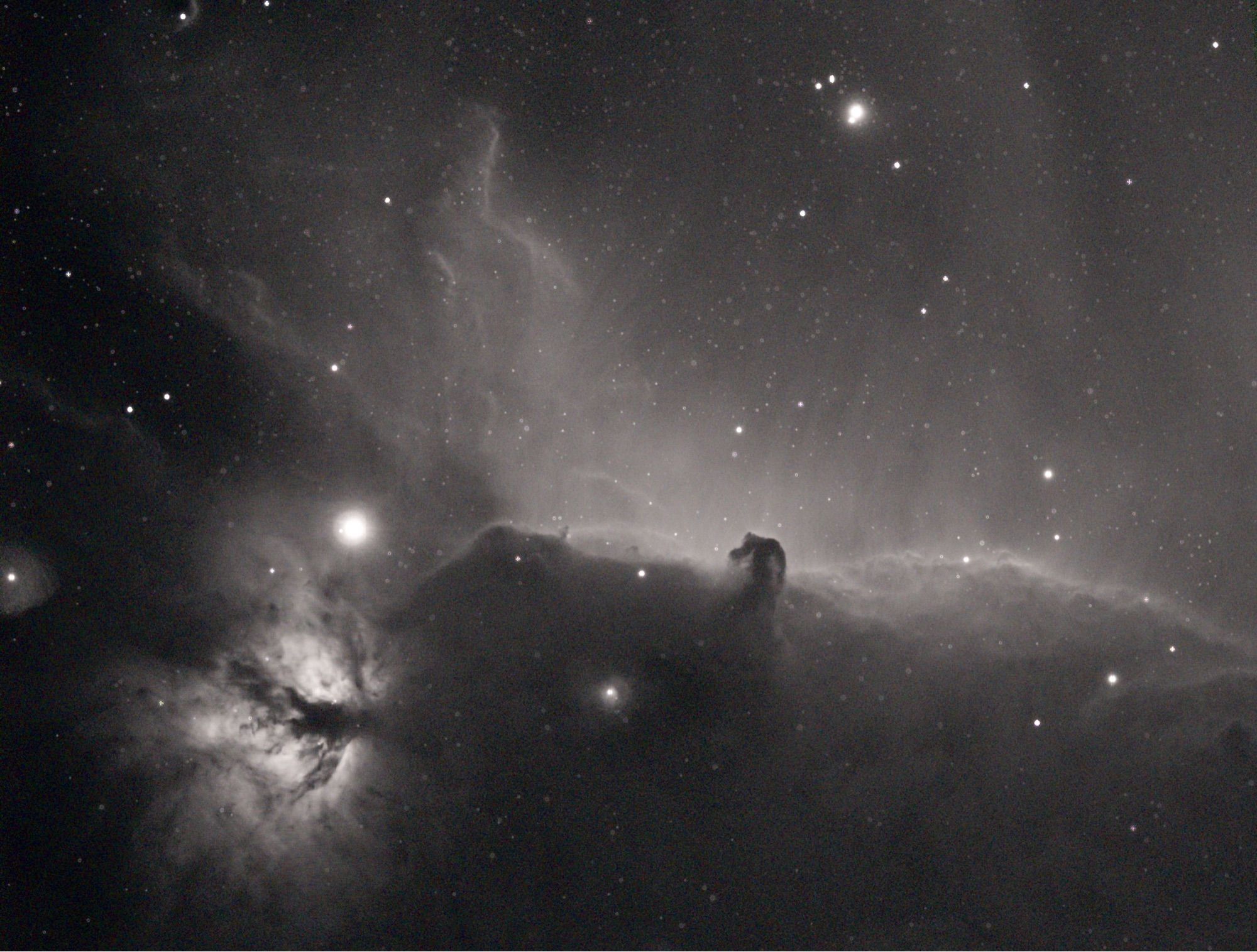 IC434 the Horsehead nebula taken with an Atikone and a 7nm Hydrogen Alpha filter producing a monochrome image bringing out the detail of the light emitted by Ionised Hydrogen gas