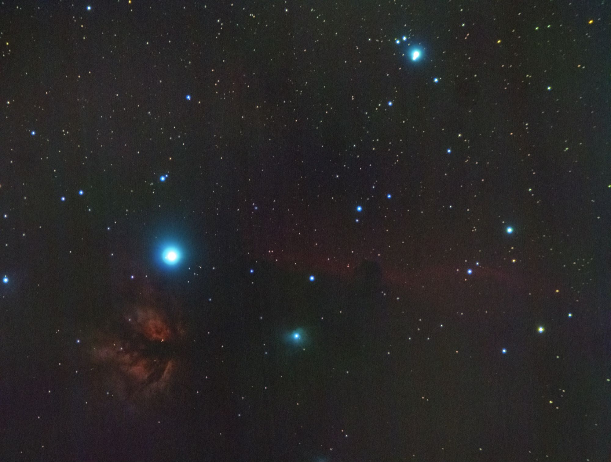 IC434 the Horsehead nebula taken with a Canon 1000d. There is not much detail as an unmodified dslr is not very sensitive to red light emitted by Hydrogen Alpha