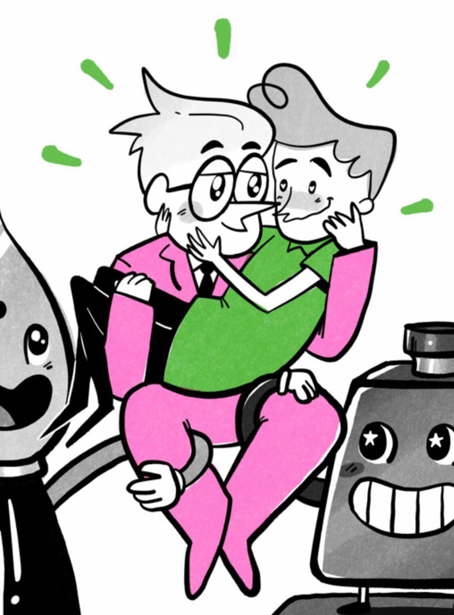 pink suit cartoon adam conover is holding the cartoon green shirt alex hirsch man in his arms like a sweet bride, and they are gazing into each other's eyes lovingly.