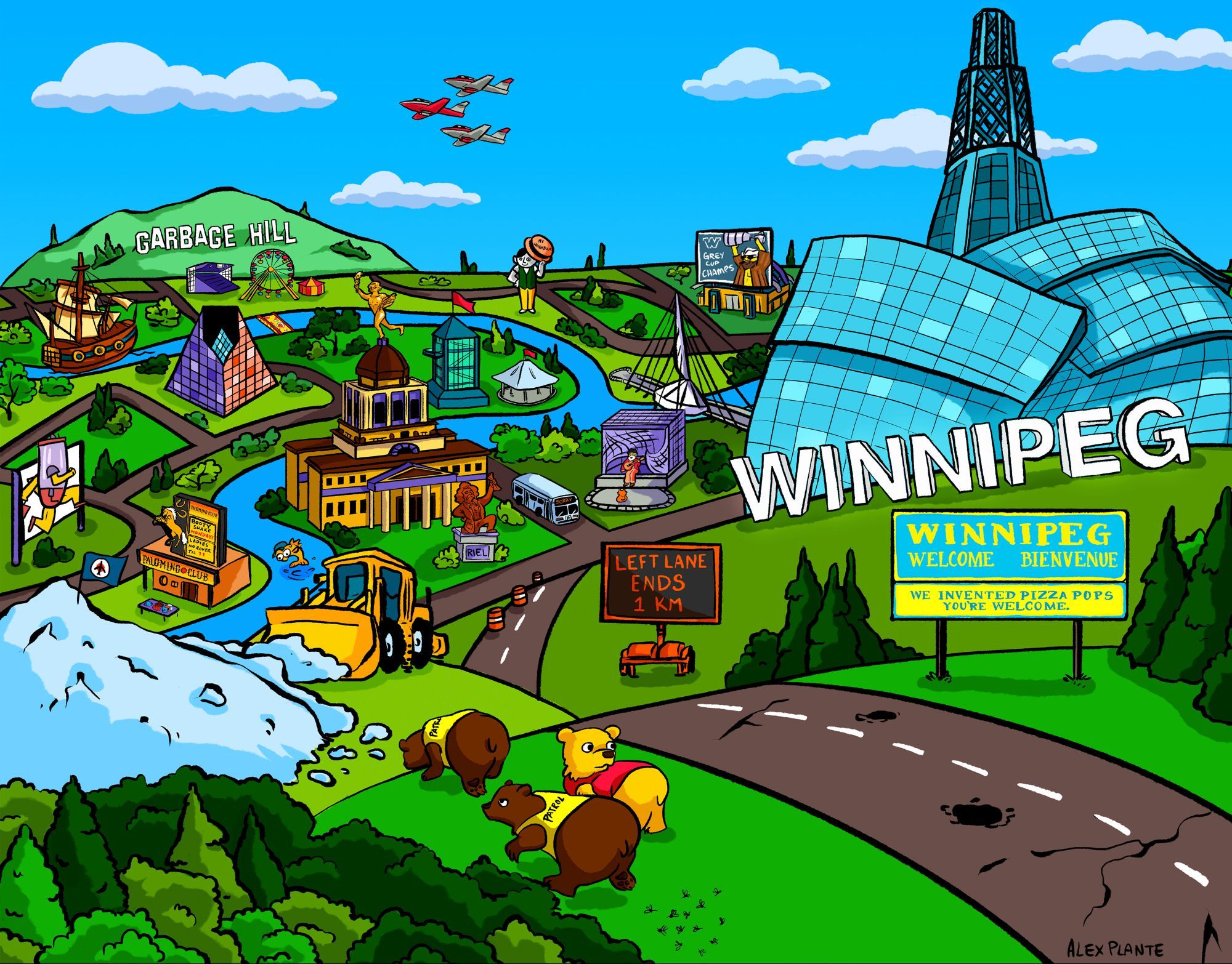 A drawing of Winnipeg in a Simpsons kind of style, with a bunch of landmarks like the CMHR and the Legislature building, and little inside jokes like the Garbage Hill sign, and the guy selling purses in front of the Palamino Club. Also some very community-specific references like the Bear Clan Patrol and our buses always saying SORRY. The Welcome to Winnipeg sign says "We invented pizza pops. You're welcome"