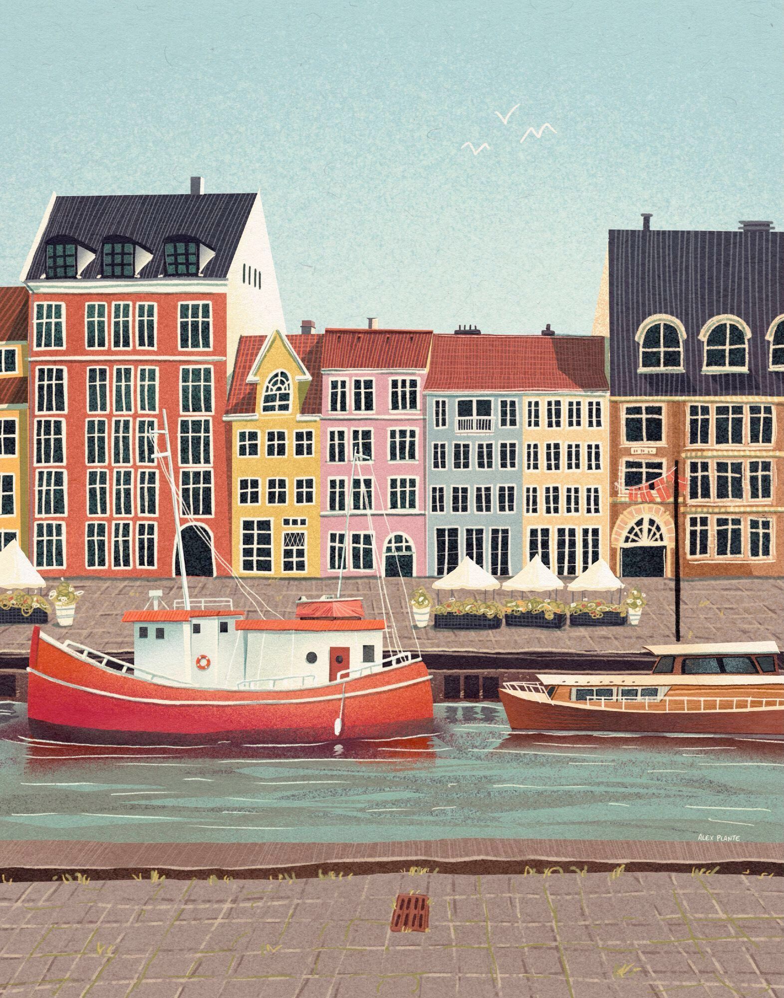 procreate illustration of nyhavn in Copenhagen, denmark. A big red boat in the canal and tall, multi-coloured buildings in the background. it has a very kidlit vibe.