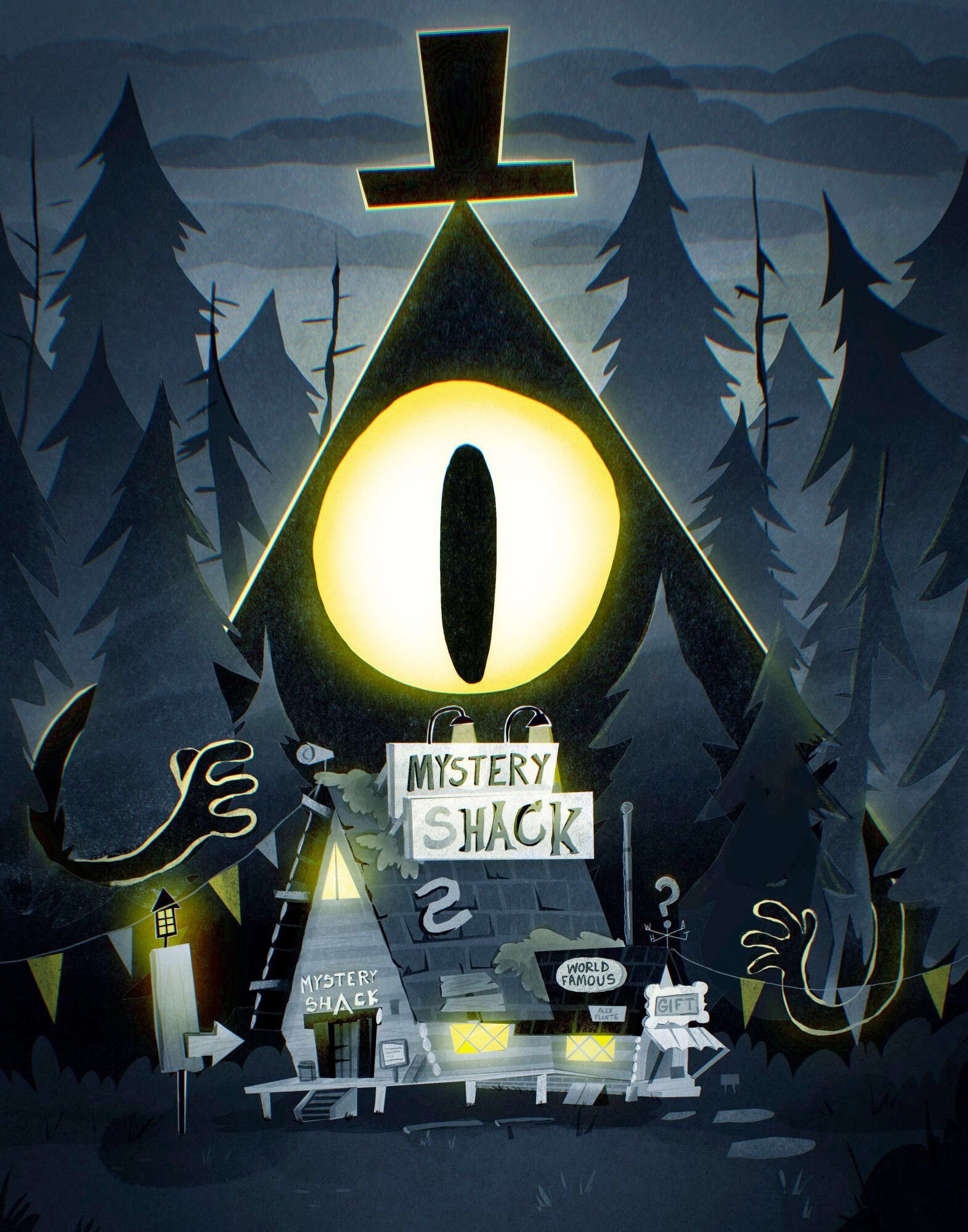 a blueish-black and white illustration of the Mystery Shack from Gravity Falls, surrounded by trees. looming behind the shack coming is a giant Bill Cipher in silhouette with a huge glowing yellow eye and two arms coming through the trees surrounding the Shack. the only colour is the glowing yellow from his eye and soft yellow glow around his outline, the windows/lights on the Shack, and a couple yellow flags.