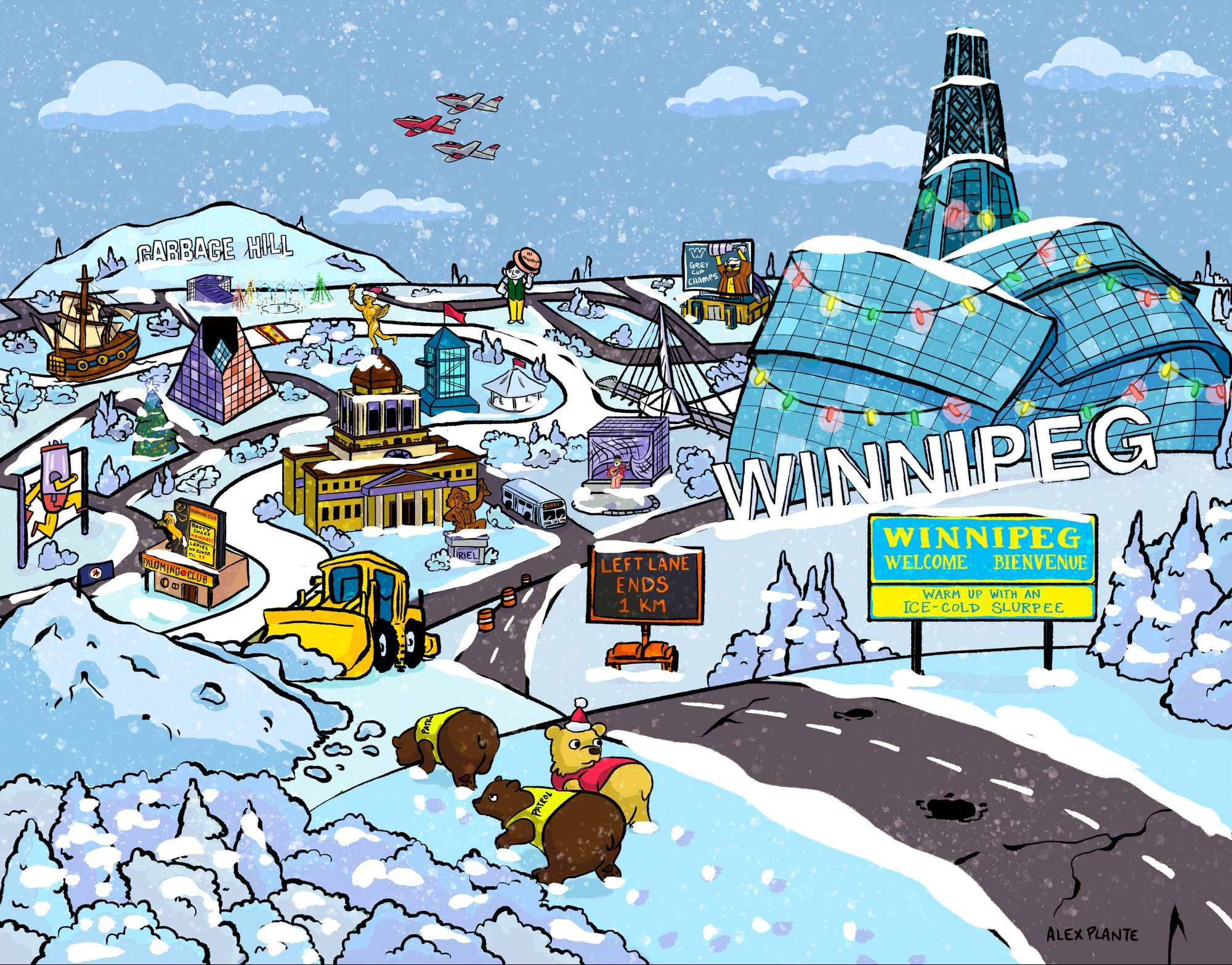 A drawing of Winnipeg in a Simpsons kind of style, but this time in winter colours and lots of snow. The references are the same as in the original version, exceot this Welcome to Winnipeg sign says "Warm up with an ice-cold slurpee"