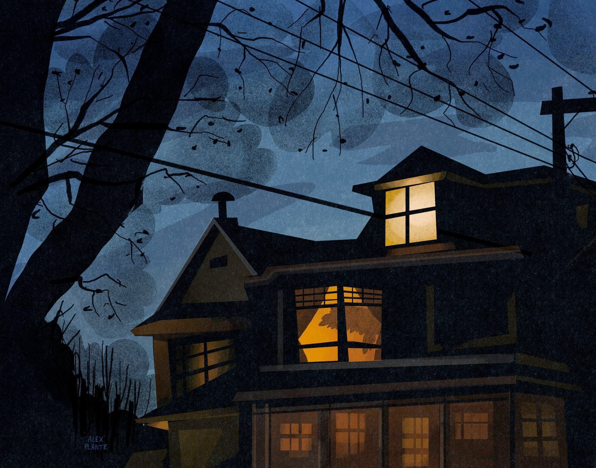 a stylized boxy illustration of a big old house, bare trees, and powerline silhouetted against a fading post-sunset sky. A soft orange glow emits from some of the house's many windows.