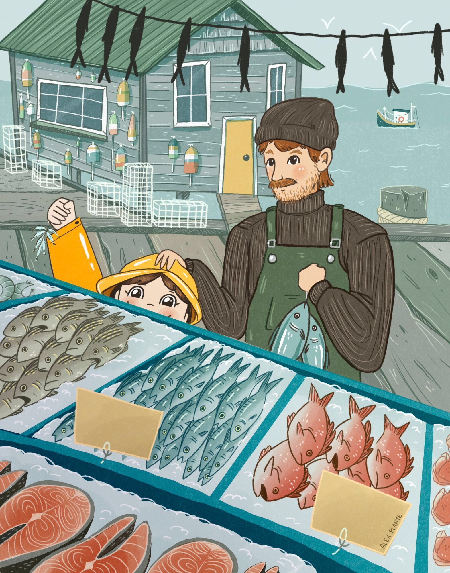 A digital illustration: view from behind a fish market stall with various neatly organized types of fish for purchase. There is a man with red hair and a moustache in fishing clothes: green waders, black turtleneck, black knit cap, and a small child in yellow raincoat and rainhat who can barely see over the counter. The man is holding a couple of fish, and the child is proudly holding a string of minnows above their head. In the background is a lobster shack with traps and floats all piled and strung up on the dock and the walls of the shack. In the far background is a little fishing boat.