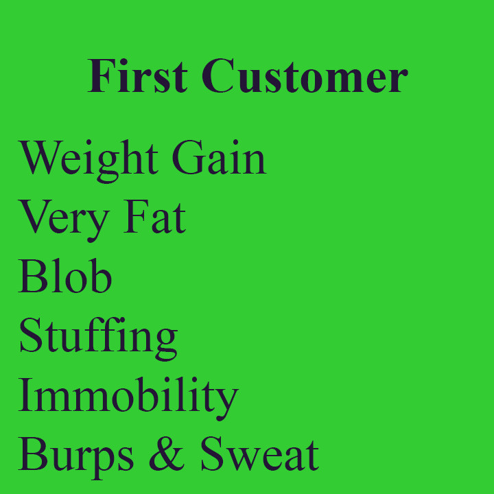 First Customer

Weight Gain
Very Fat
Blob 
Stuffing
Immobility
Burps & Sweat