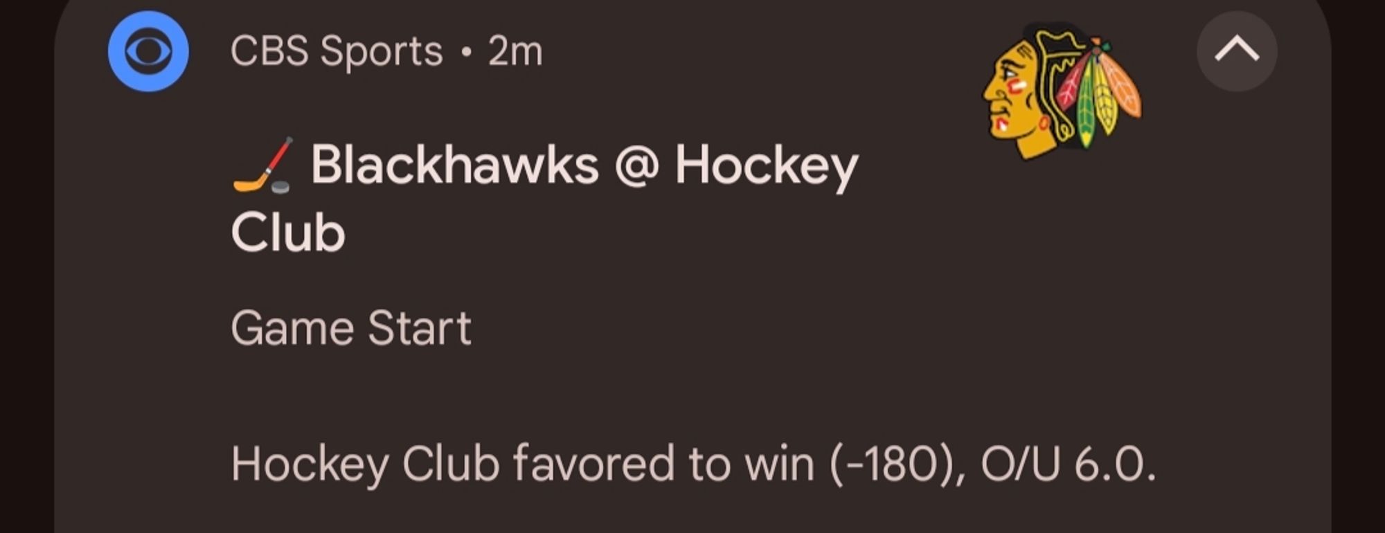 Screenshot of the CBS Sports App reminder for the Blackhawks @ Hockey Club game