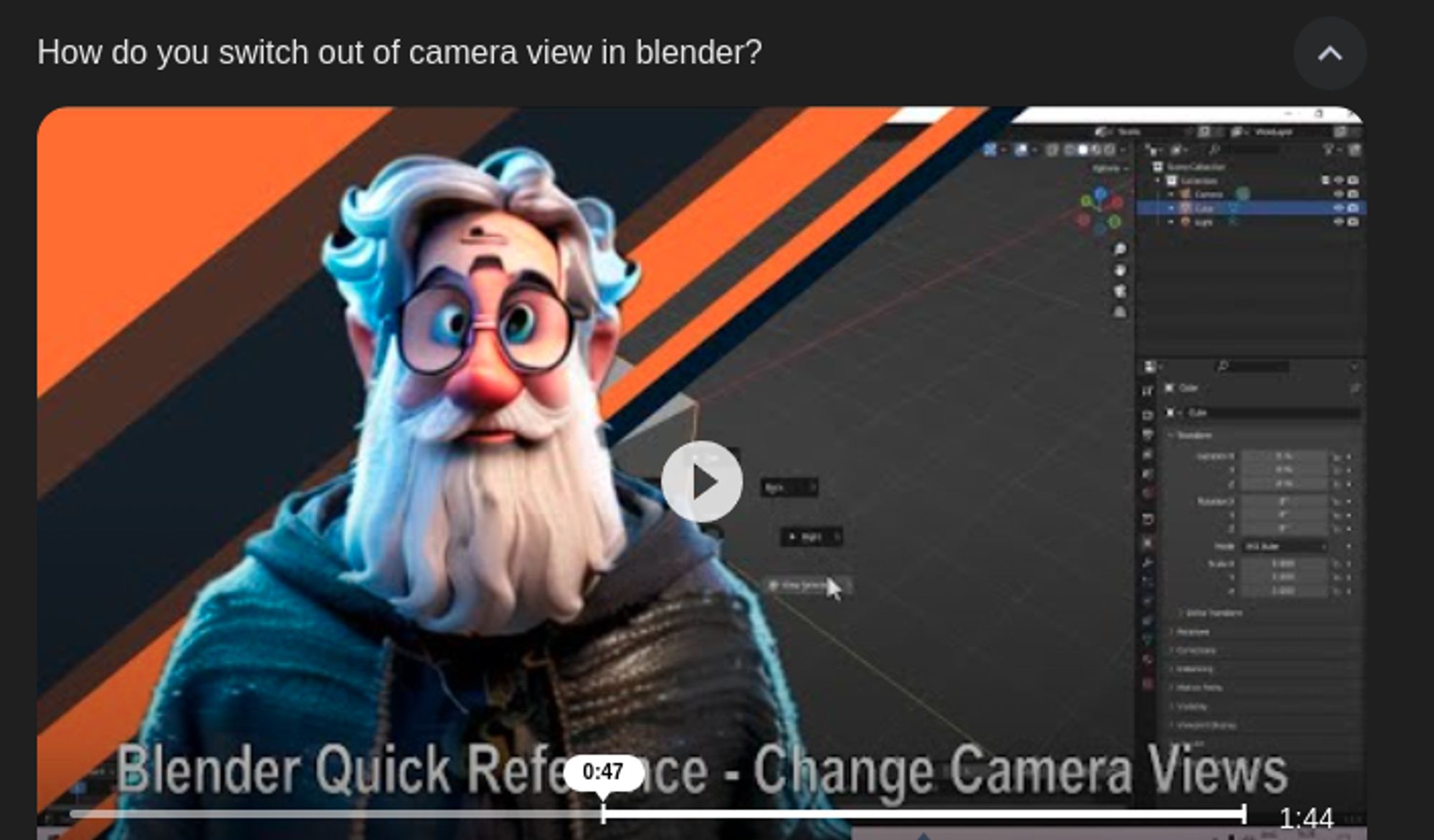 photo of someone's youtube blender tutorial video, with an old man disney looking ai generated avatar, with crooked and weirdly sized pupils, and splotches all over the place. the background is black and orange, presumably the only thing they didn't ai generate.