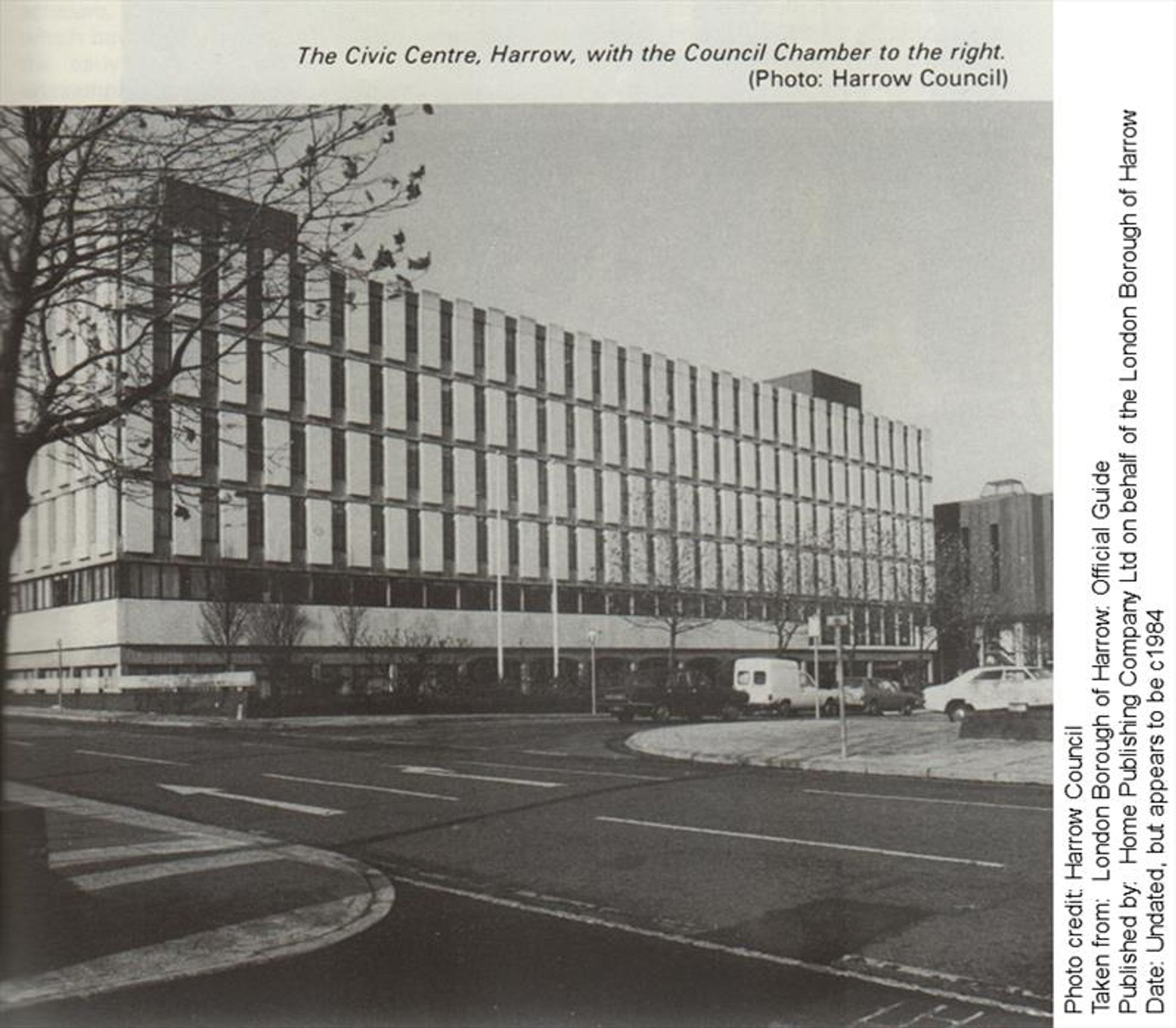 A black and white photo of the exterior of the Harrow civic centre.

Photo credit: Harrow Council
Taken from: London Borough of Harrow. Official Guide
Published by: Home Publishing Company Ltd on behalf of the London Borough of Harrow
Date: Undated, but appears to be c1984
