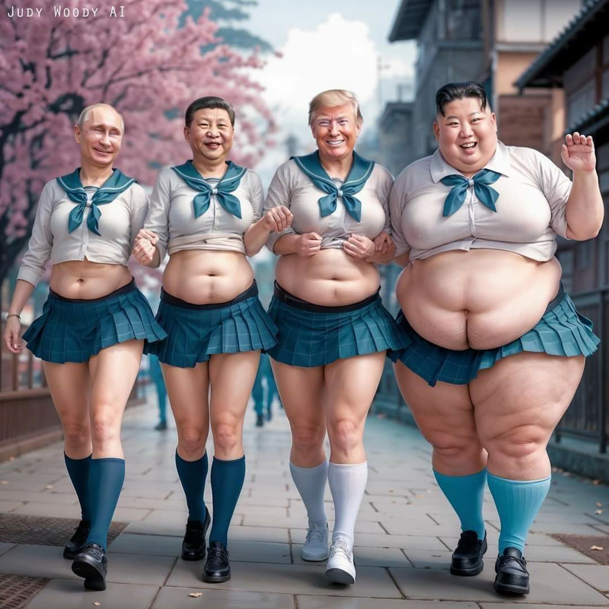 Das Bild zeigt Putin,  Xi  Jinping, Trump und Kim Jong-un als Schulmädchen gekleidet. Sie tragen kurze Schuluniformröcke und bauchfreie Oberteile, die ihren Bauch freilegen. Die Männer haben unterschiedliche Körperformen und gehen Arm in Arm auf einem Gehweg in einer städtischen Umgebung, während im Hintergrund blühende Kirschbäume zu sehen sind. 

