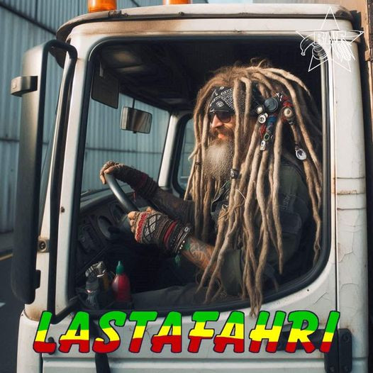 Das Bild zeigt einen Mann am Steuer eine Lkws, er trägt ein Stirnband und hat wilde Dreadlocks. Darunter steht der Text 'Lastafari' geschrieben im typischen grün-gelb-rot.