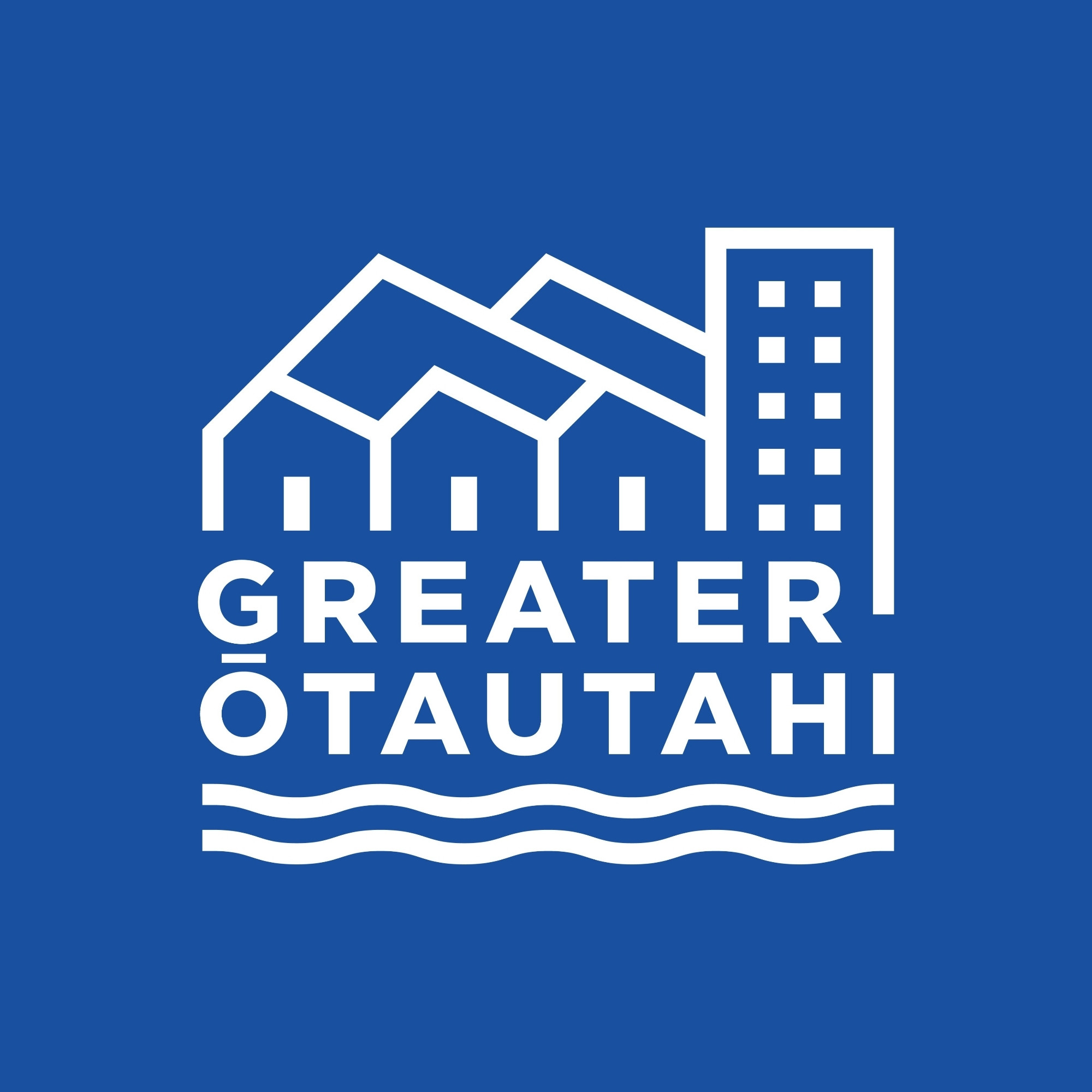 New Greater Ōtautahi logo, white outline of hills, houses, apartment building, rivers on blue background