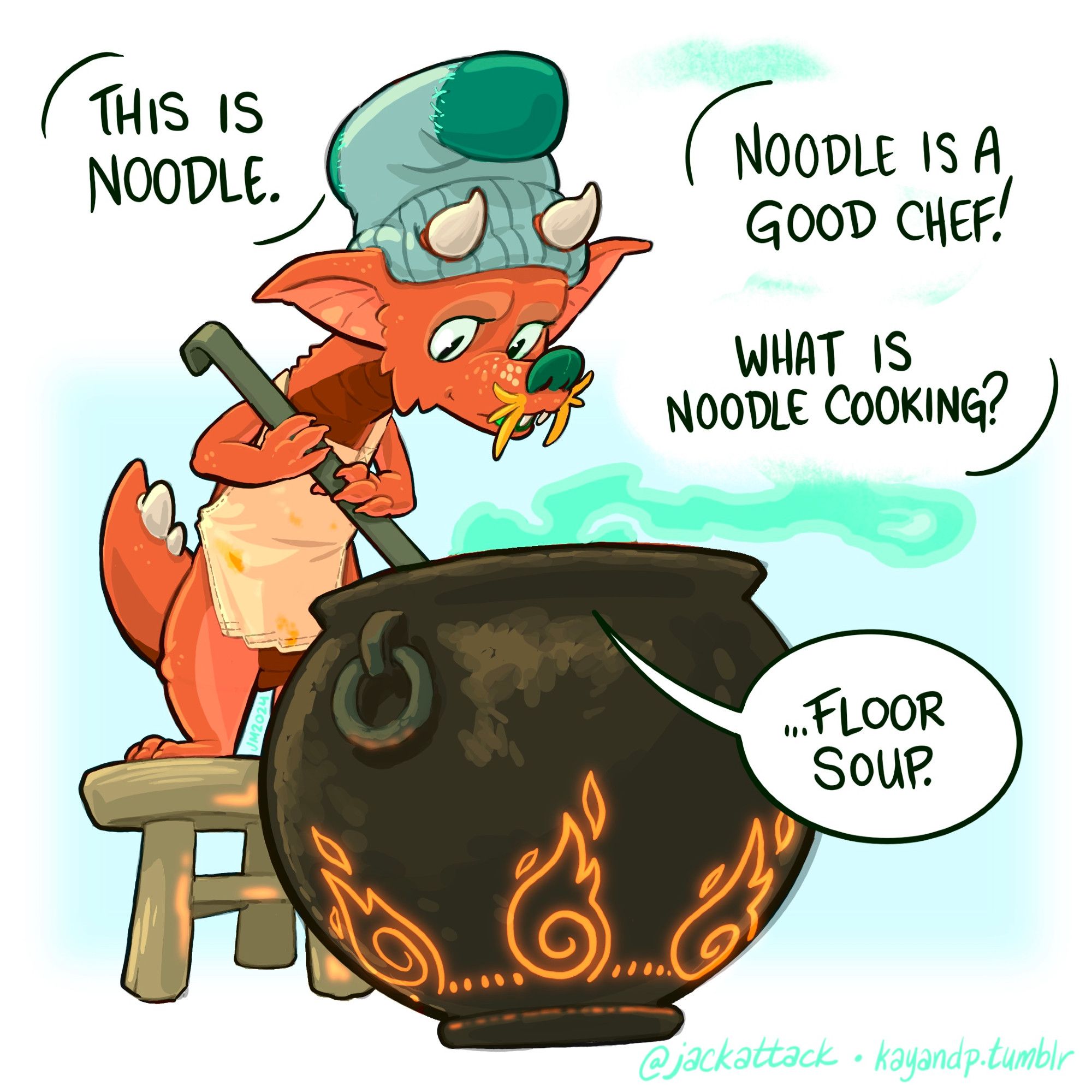 A color, digital drawing of a small red kobold, standing on a stepstool next to a bubbling magic cauldron spewing greenish steam. The kobold has droopy whiskers, freckles and small forward facing horns. They wear a giant orc sock as a chef hat and a simple apron. They are stirring the cauldron with a ladle. Bo announces them: "This is Noodle. Noodle is a good chef! What is Noodle cooking?" Noodle replies: "...floor soup."