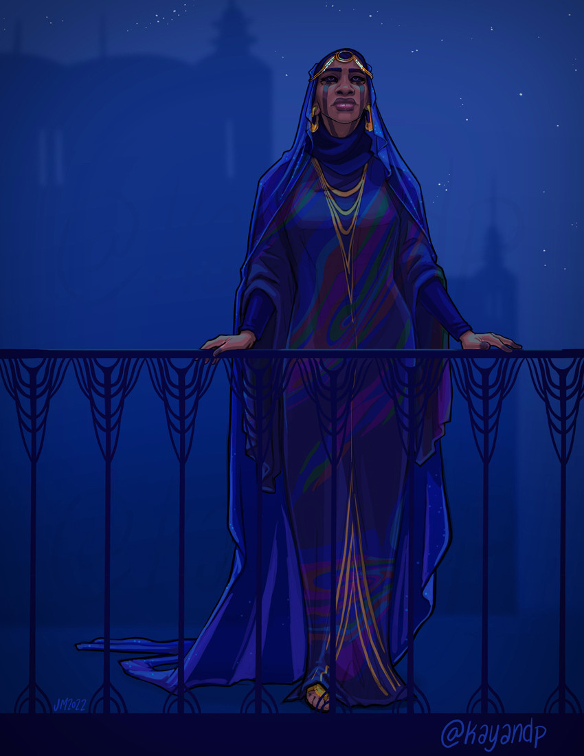 A digital color piece of a human-looking woman standing outside in the night. The scene is heavily cool and blue. The woman leans on the railing of a roof, looking upward to the skies looking for a particular star. She has darker skin, and a long, well covering dress that shimmers like an oil-slick. It has gold chain details in the neck and at the bottom. She also wears a pair of hammered gold hoops, and a gold crown with the sumbol of a black hole in the center of her forehead. The crown holds her veil in place over her hijab. Her eyes are almost fully black save for a ring of gold around her pupil, and dark tattoos run from her eyes like symbolic tear-stains, as well as having a similar darkness on her fingertips.