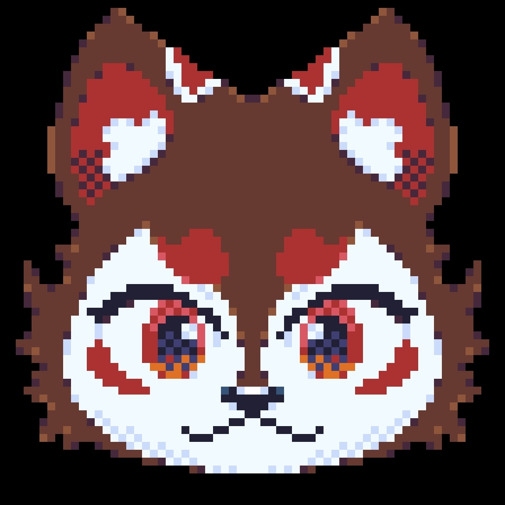 pixel art of a brown kitsune with a white face and red markings