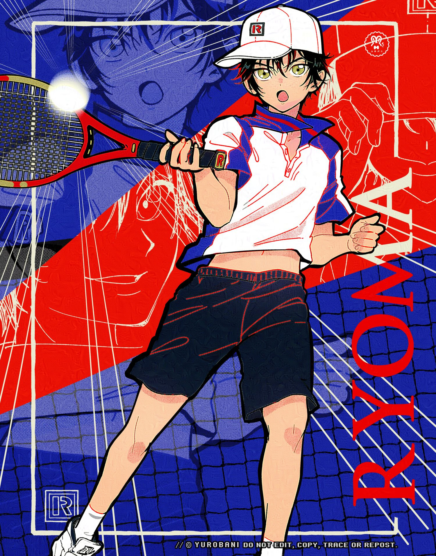 Fanart illustration piece of Echizen Ryoma from Prince of Tennis, a boy with a sports cap facing forward mid-jump holding a tennis racket, hitting a ball in front of a graphic background with other depictions of his face.