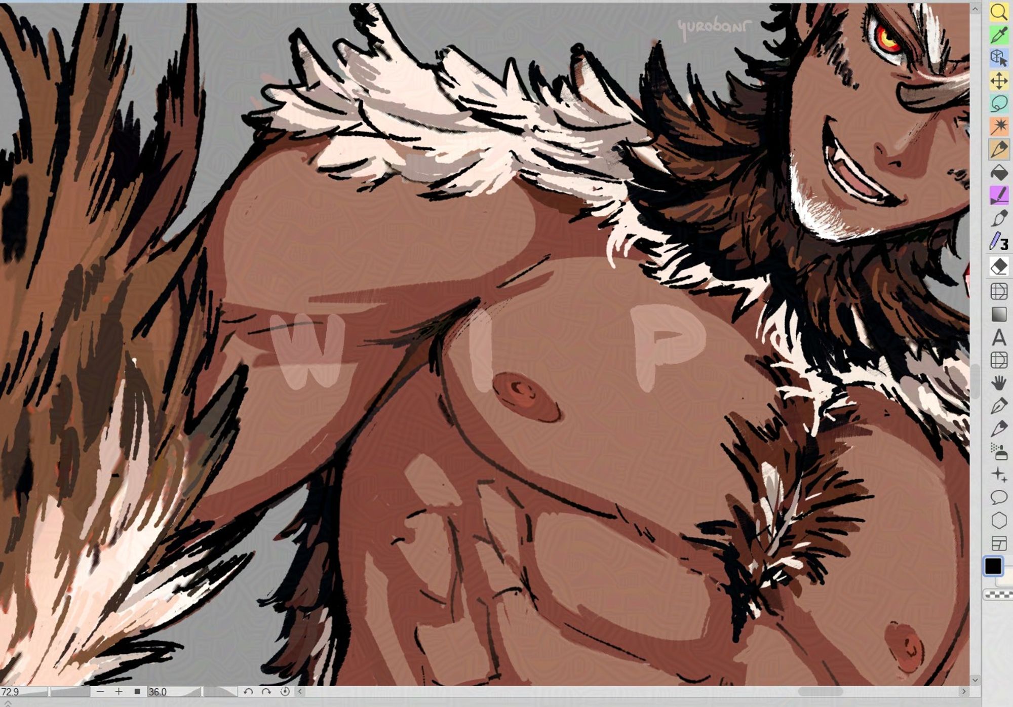 Crop of a work in progress illustration of a man's torso, his shoulders, neck and arm are covered in hawk-colored feathers.