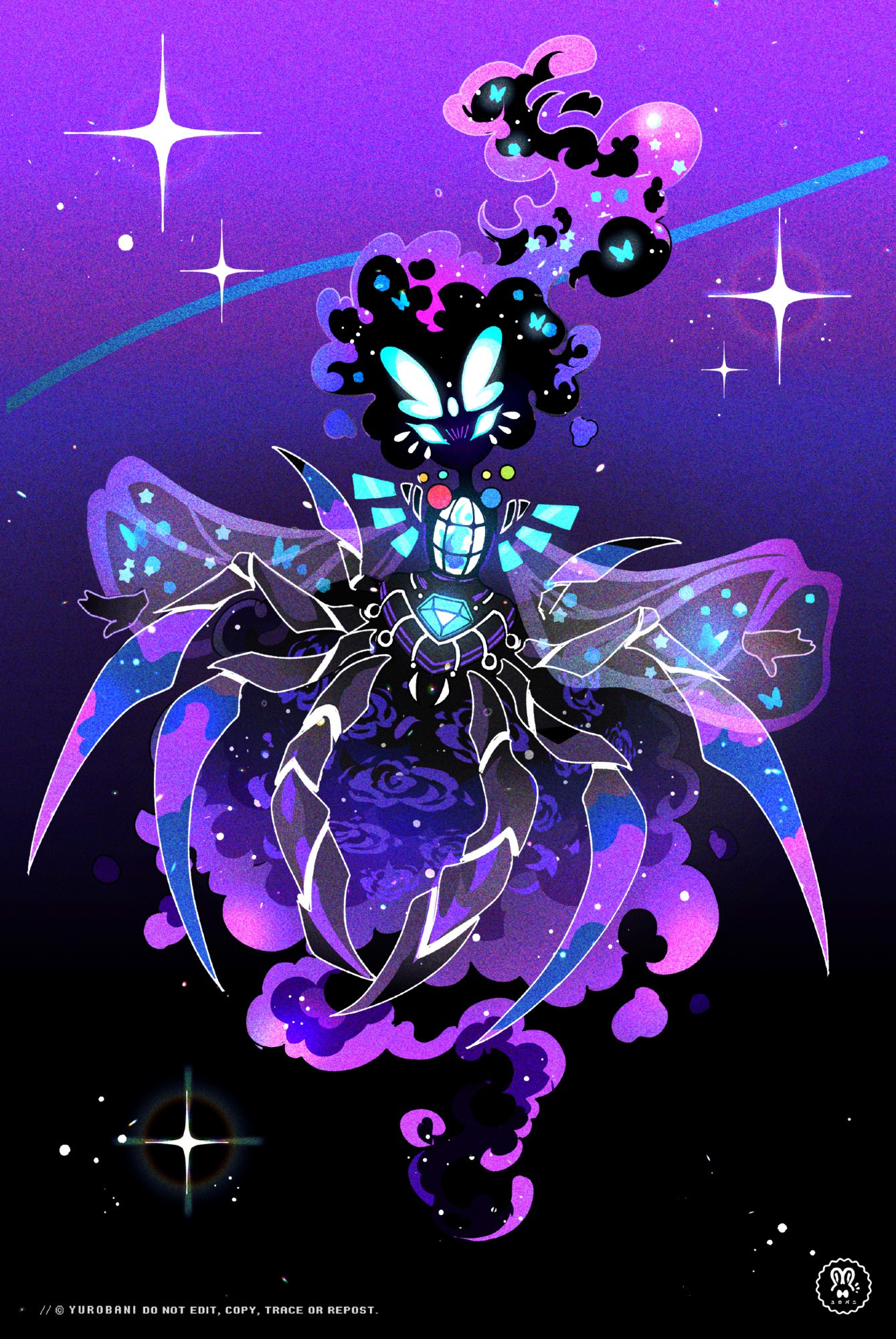 Illustration of a cherry specter-like creature with smokey body and hair and long spider-like limbs that shine and sparkle.