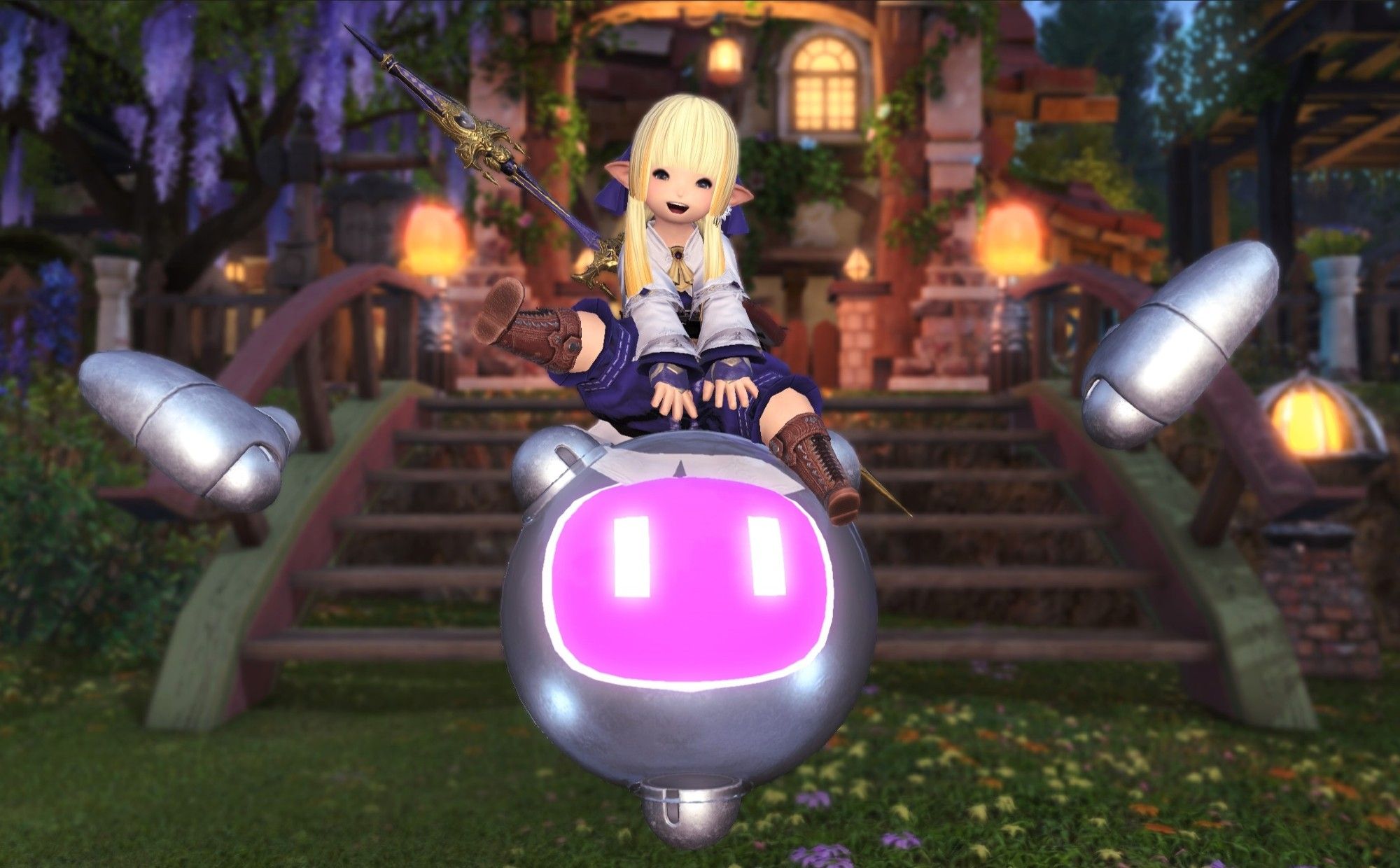 Screenshot from Final Fantasy 14, of a female lalafell, weilding a spear and dressed in white and blue, riding on top of the Outrunner mount, a round robot with floating hands. She's in front of an FC house.