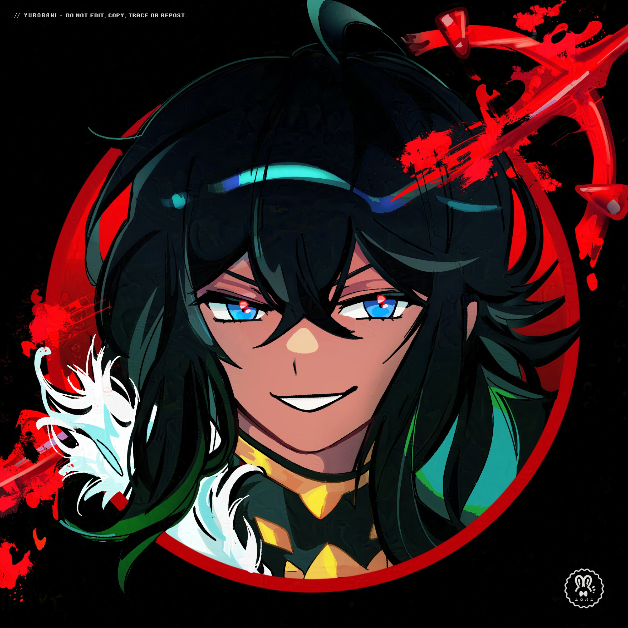 Illustration of a young black haired man smirking surrounded by blood-like elements.