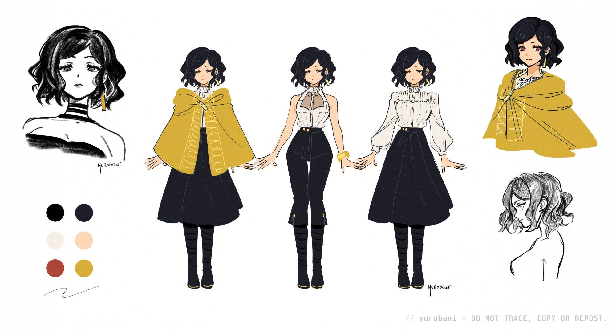 Character sheet for my original character Lumi. She wears black boots, black pants or skirt, white shirt, and a mustard yellow coat. She has wavy black hair, reddish brown eyes and a single gold earring.