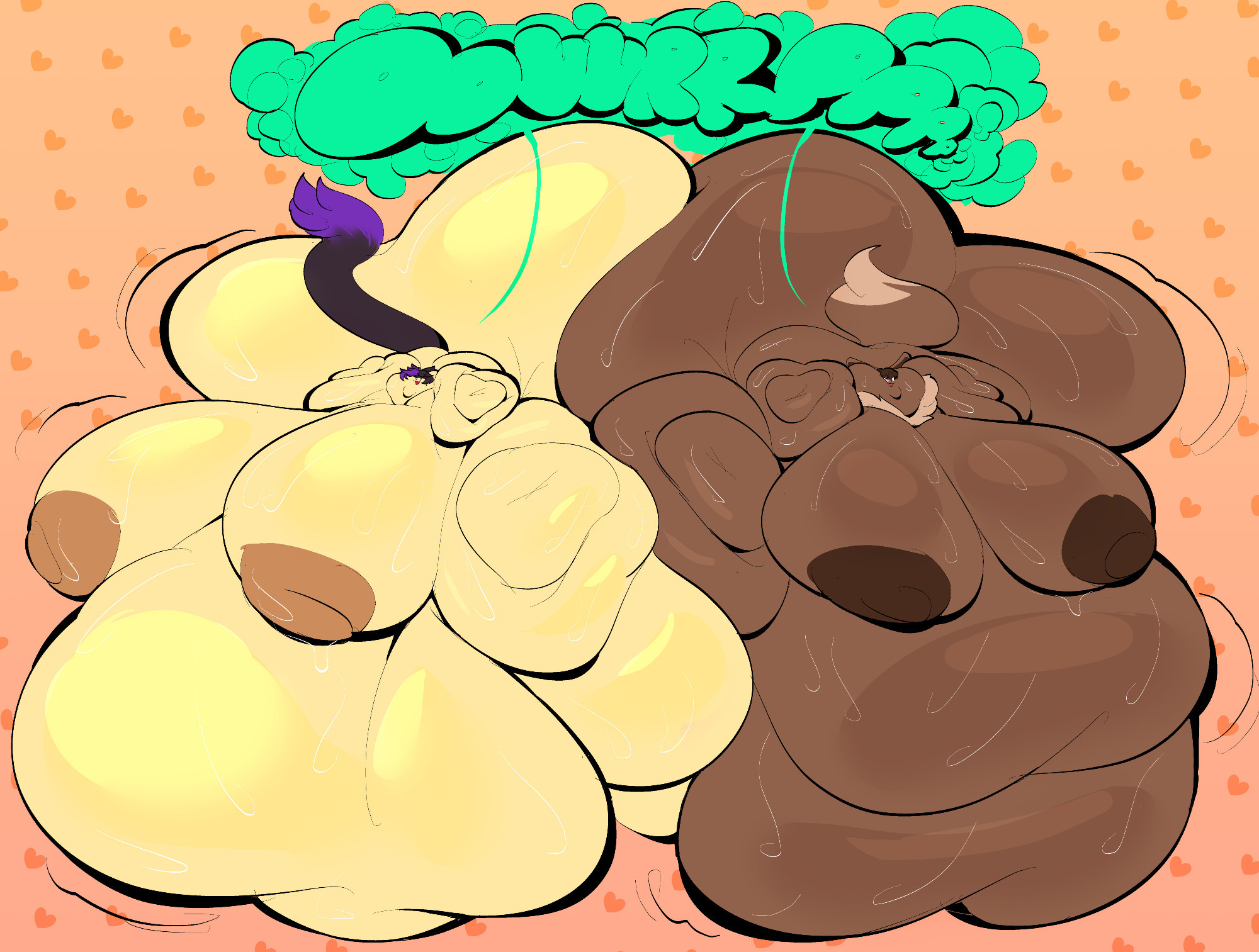 Mew (left) and Sandria (right) being extremely fat, sweaty, naked, belching blobs