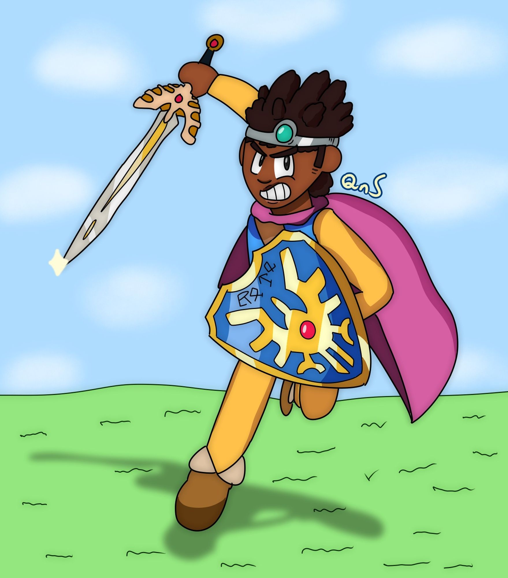 Erdrick from Dragon Quest 3. He is running towards the camera in a grassy field, his sword in his right hand