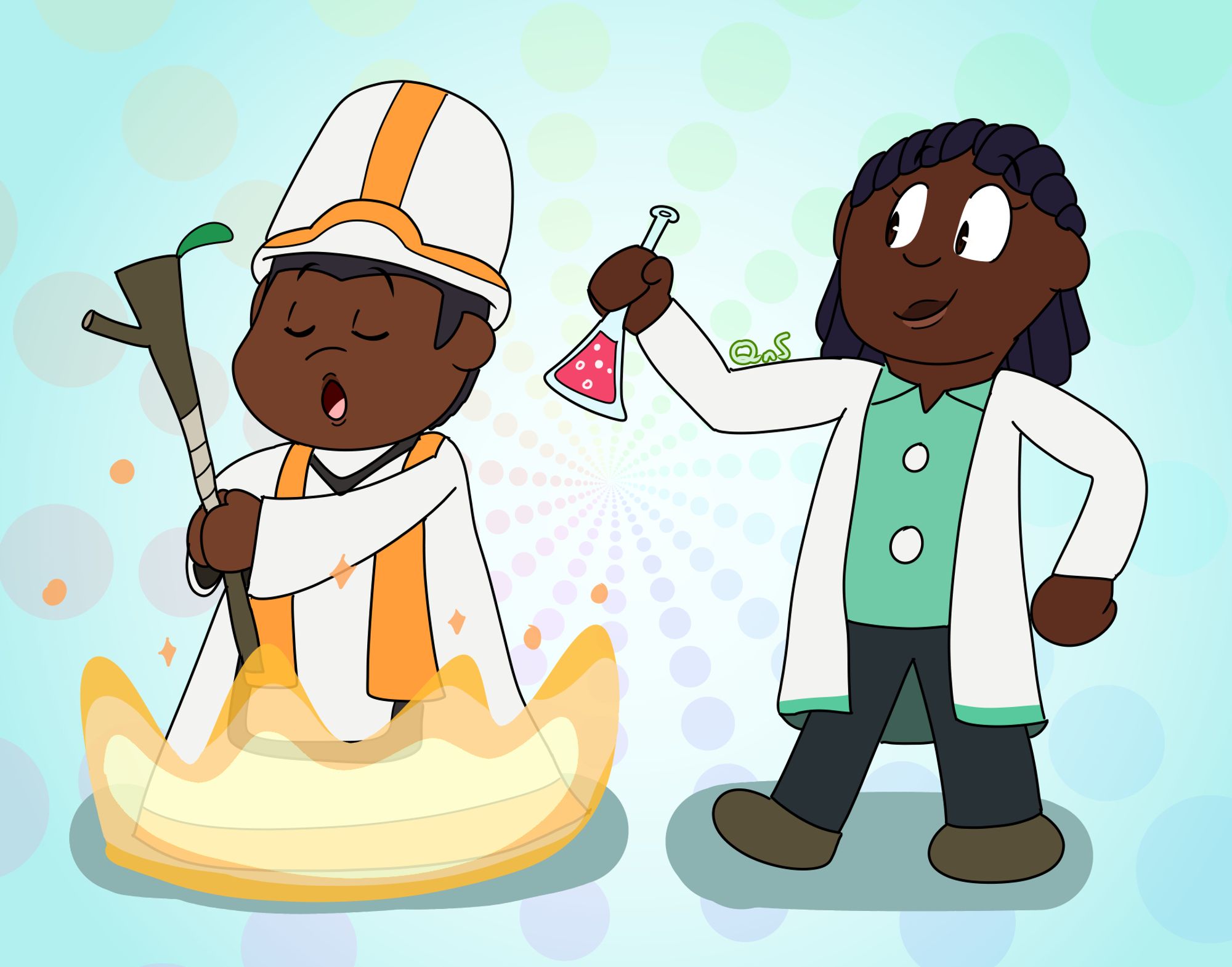 Two people are standing in a space with rainbow colored dots faintly visible in the background. The boy on the left is wearing a white mitre and robes with orange highlights, clutching a stick in his hands and casting a spell. The girl on the right is wearing a turquoise shirt and white lab coat, and is holding a flask of red liquid in her hand.