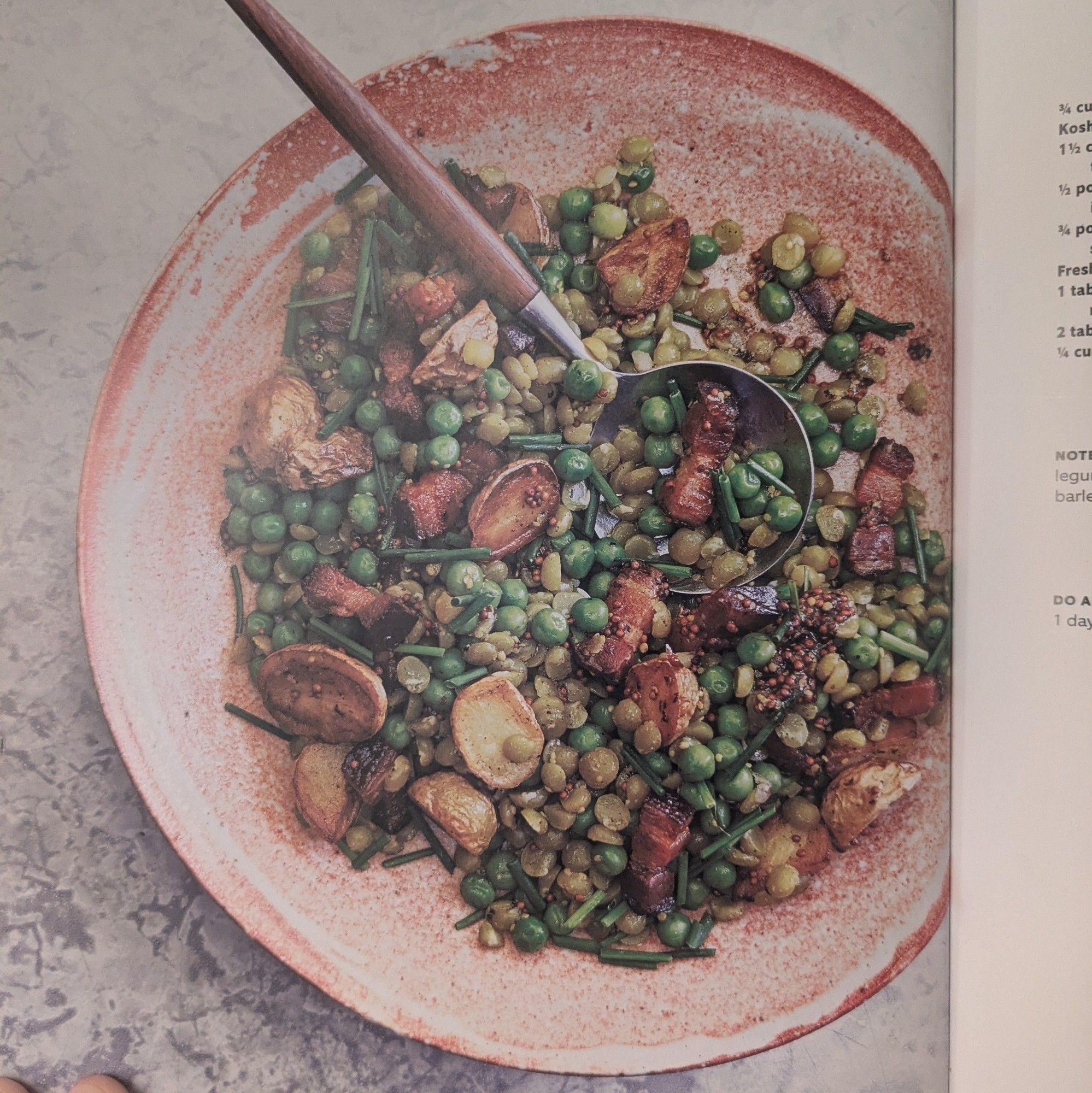 a red & white earthen plate with browned potatoes, round green peas, chunks of redish bacon, and green chives