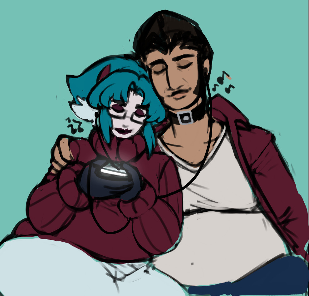 my sona and leo, my oc snuggling and listening to music