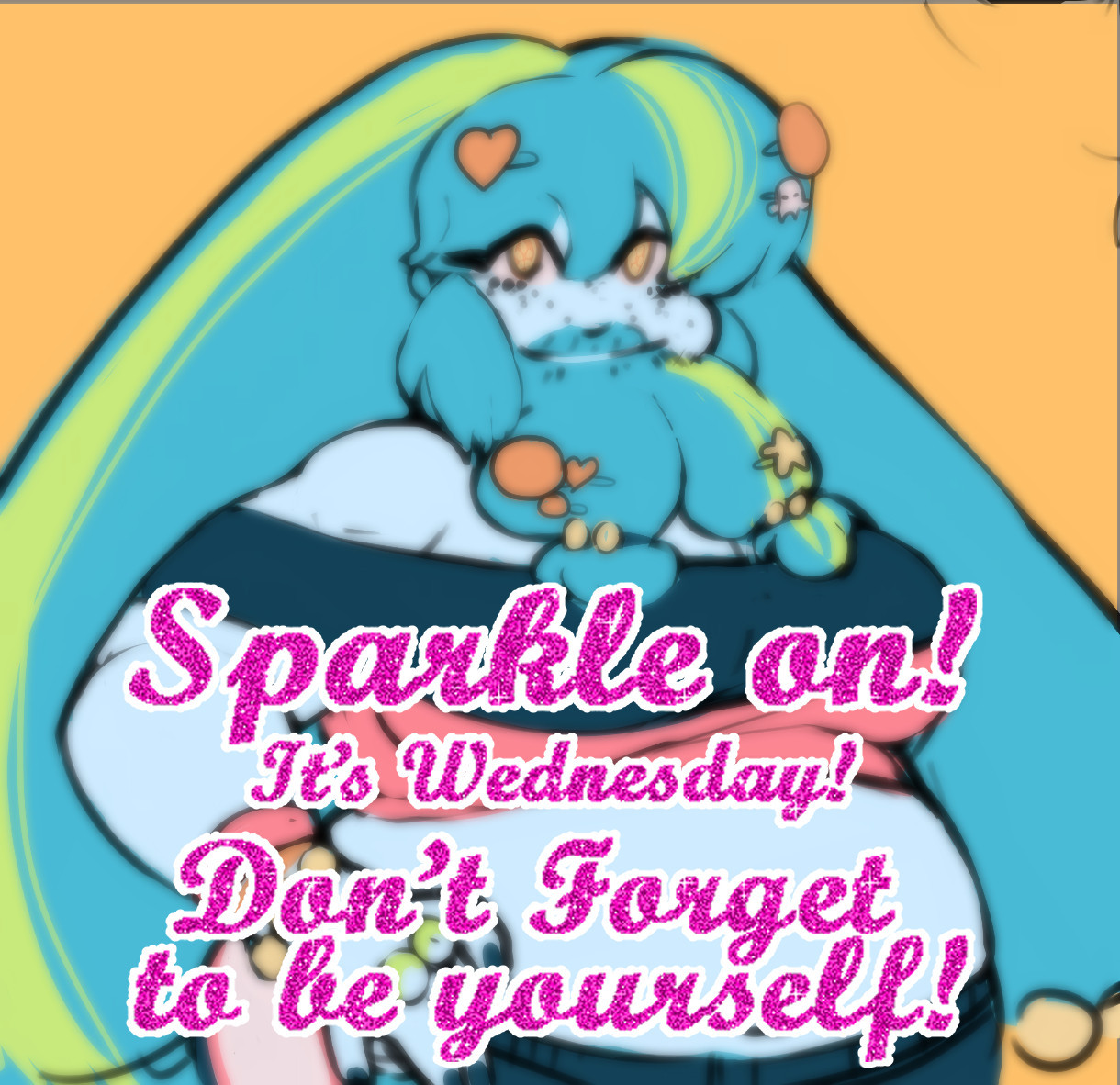 my oc citri  in place of jerma in the sparkle on it's wednesday meme. She is a Dwarven woman with light blue skin with a large beard with twin tails. She has huge, blue hair with lime green streaks that go down her waist, ending in hair buns tied by beads and orange freckles across her cheeks. She wears decora fashion.