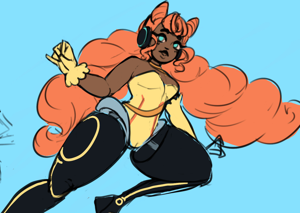 A drawing of Mari, Merluvli's character. A slim woman with dark skin and huge, twin tailed orange hair. She wears a yellow body suit, one long yellow glove and a short one and big, black prosthetic legs with yellow LEDs. For accessories, she has an orange choker that then wraps around her body and black headphones with blue lighting on them.