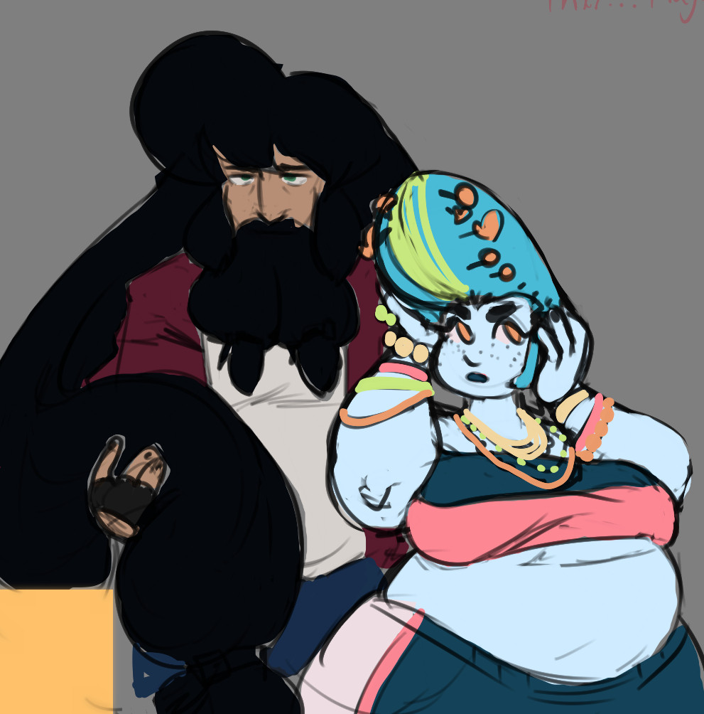 my ocs, Leo (who wears a red denim jacket) & Citri (a dwarf with baby blue skin) having swapped each others hair style. Leo's hair is now big and round, goind down to his knees, carrying one of the large pony tails in his arm. His beard is braided, going below his shirt's collar. Citiri now sports only sideburns and a big pompadour, her blue & green hair still holding various orange accessories.