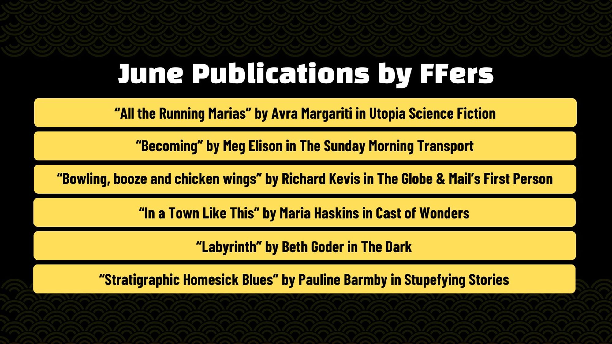 “All the Running Marias” by Avra Margariti in Utopia Science Fiction
“Becoming” by Meg Elison in The Sunday Morning Transport
“Bowling, booze and chicken wings: Dad’s send off was as fun as he was” by Richard Kevis in The Globe & Mail's First Person
“In a Town Like This” by Maria Haskins in Cast of Wonders
“Labyrinth” by Beth Goder in The Dark
“Stratigraphic Homesick Blues” by Pauline Barmby in Stupefying Stories