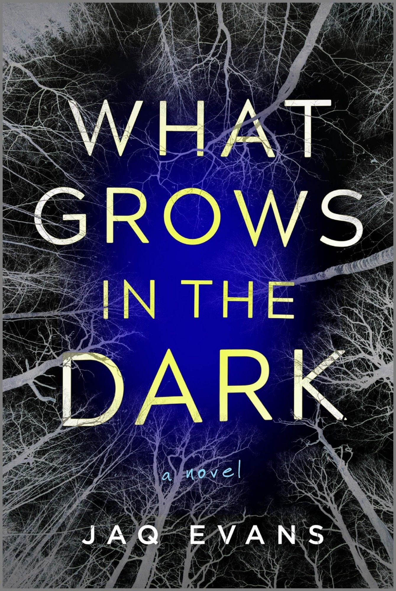 Book Cover for What Grows in the Dark by Jaq Evans, featuring ghostly trees