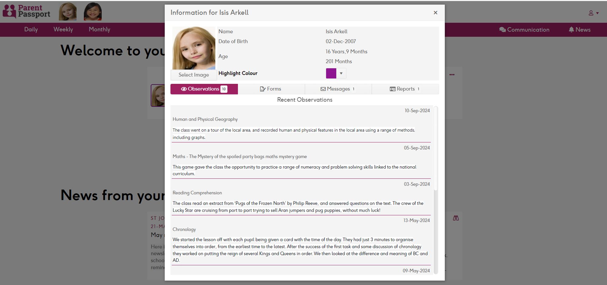 A screenshot of Educater's Parent Passport platform, showing classroom observations for a young learner.