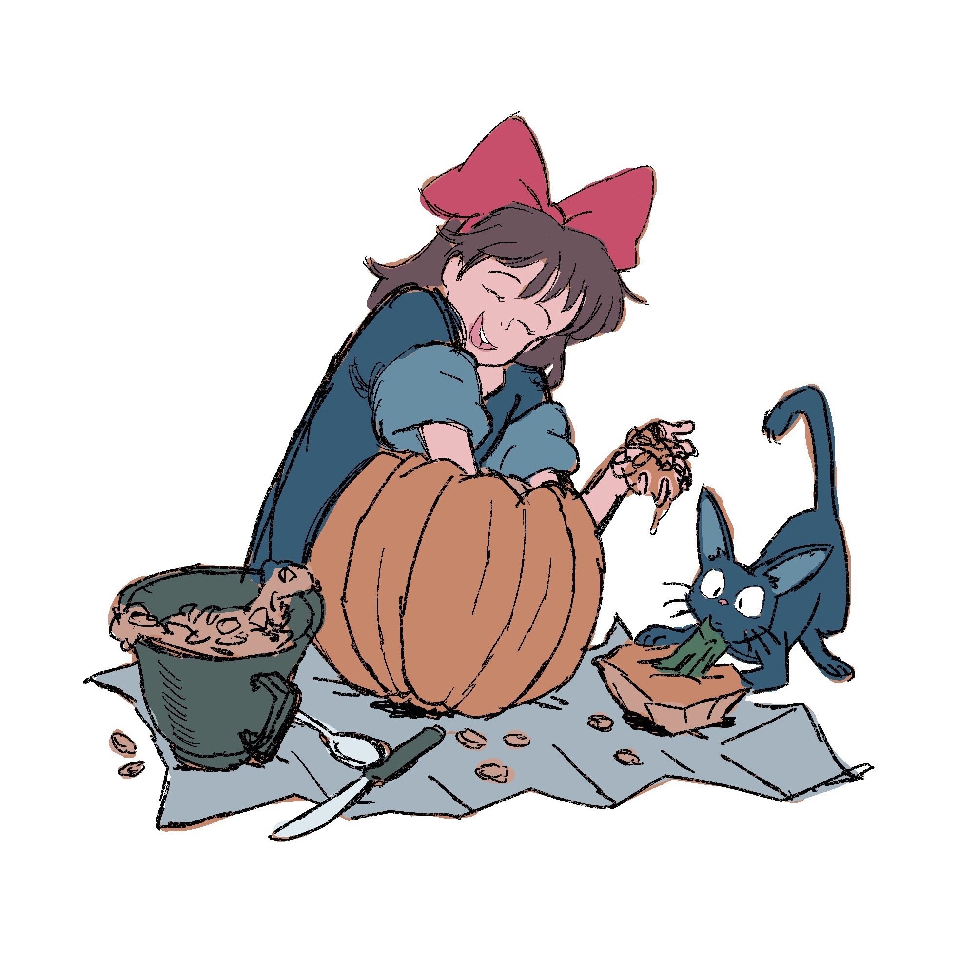 Kiki and jiji from Kiki’s delivery service, carving out a pumpkin. 