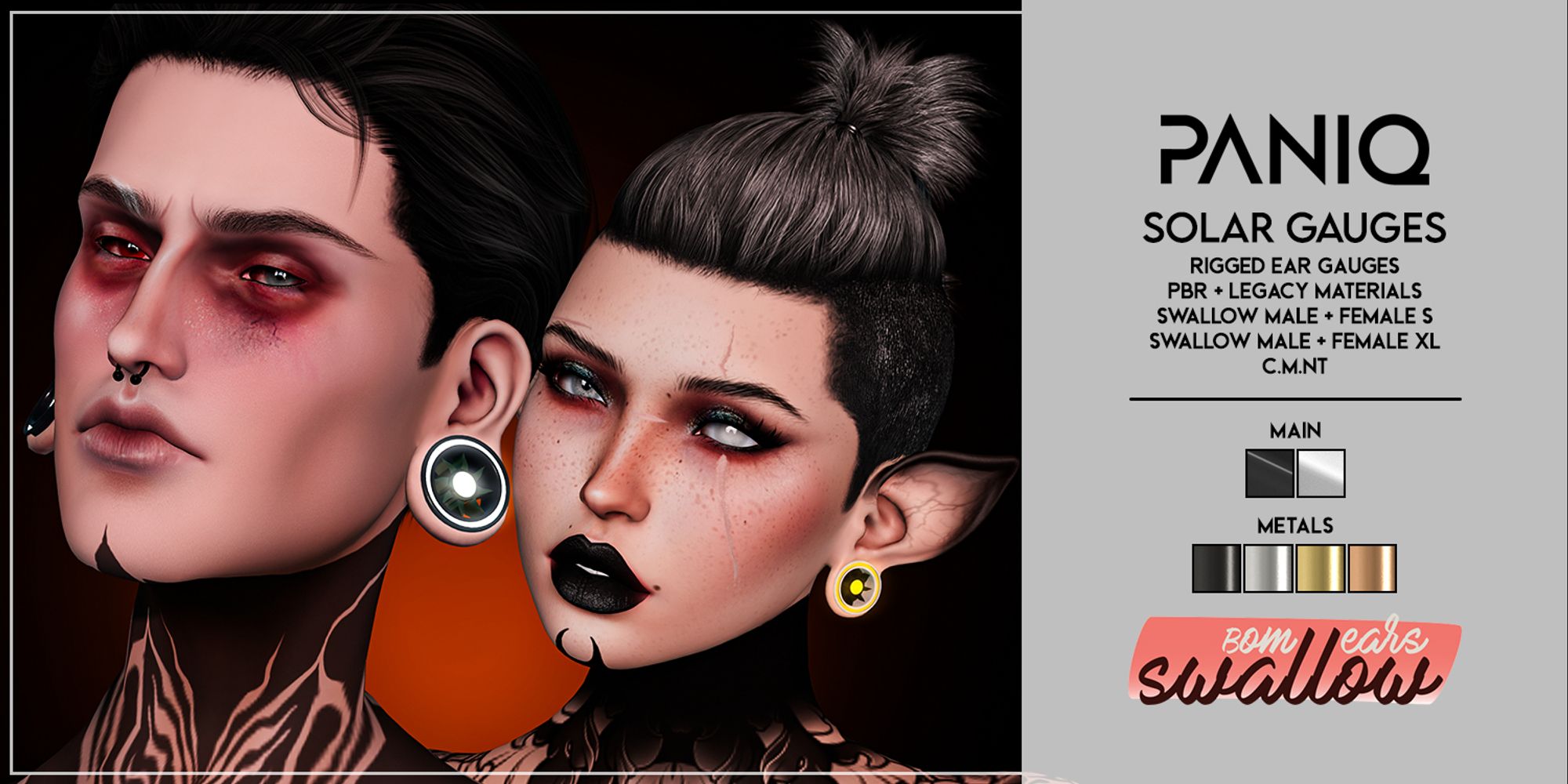 Advertisement depicting a dark haired person and a silver haired person with scarred faces and blinded eyes standing closely together, wearing glowing ear gauges. Details: Solar Gauges, rigged ear gauges, pbr + legacy materials, fits Swallow Male + Female Gauged Small, Gauged Pixie, and Gauged XL, includes texture HUD with two gauge and four metal options, tintable neons, copy modify no transfer permissions.