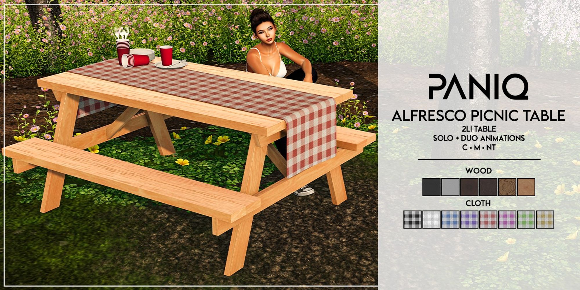 Advertisement depicting a cloth covered picnic table with cups, plates and plasticware arranged on top. A person sits relaxing on one side, surrounded by greenery and flowers. Details: Alfresco Picnic Table, 2li table, solo + duo animations, includes texture HUD with eight cloth and six wood options, copy modify no transfer permissions.