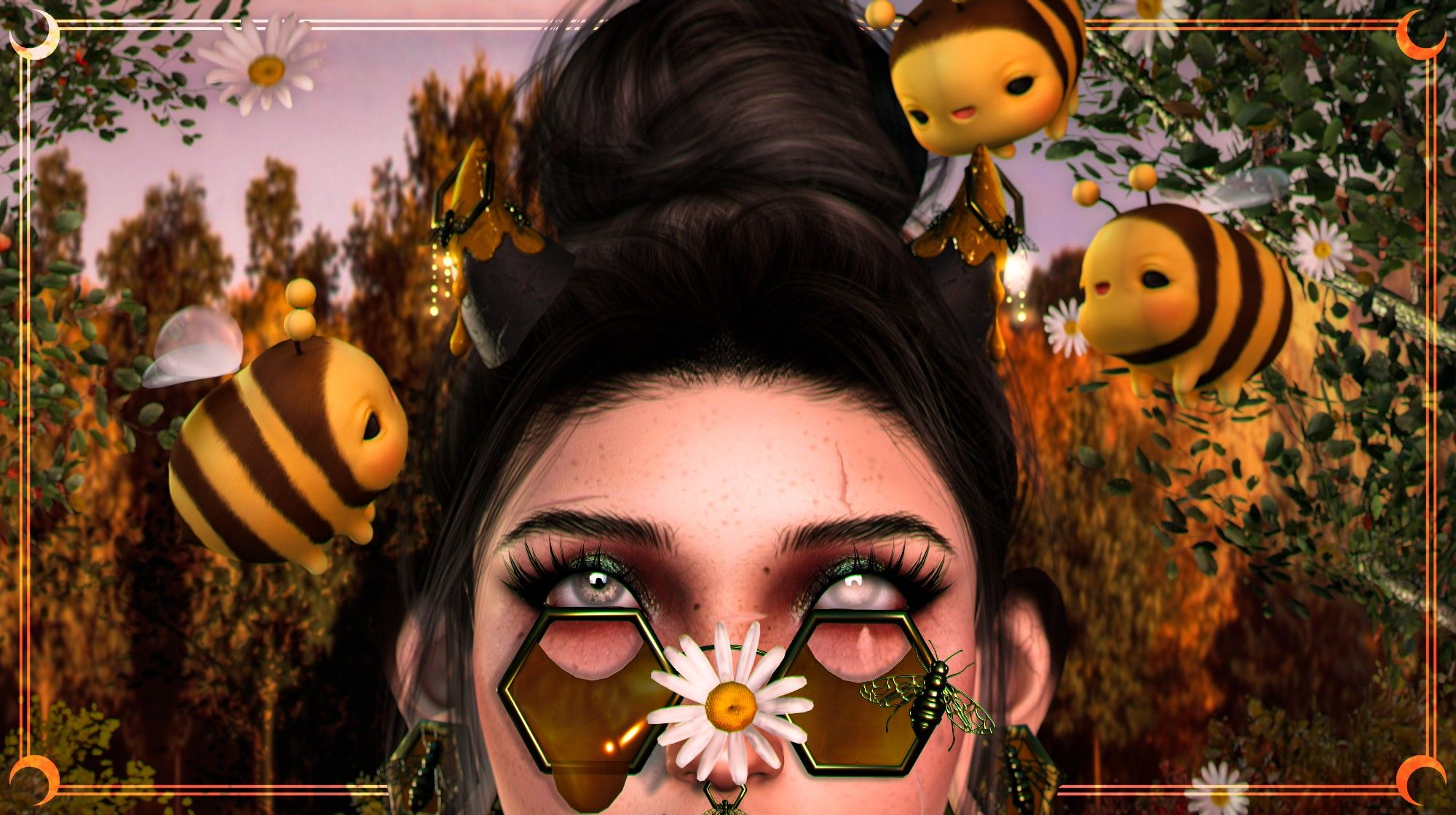 A dark haired person with dark makeup and tattoos wearing golden bee themed jewelry looks up over their glasses and a daisy on their nose at cartoonish bumble bees fluttering above them around their honey covered horns, with a back drop of falling daisies and many colored trees.