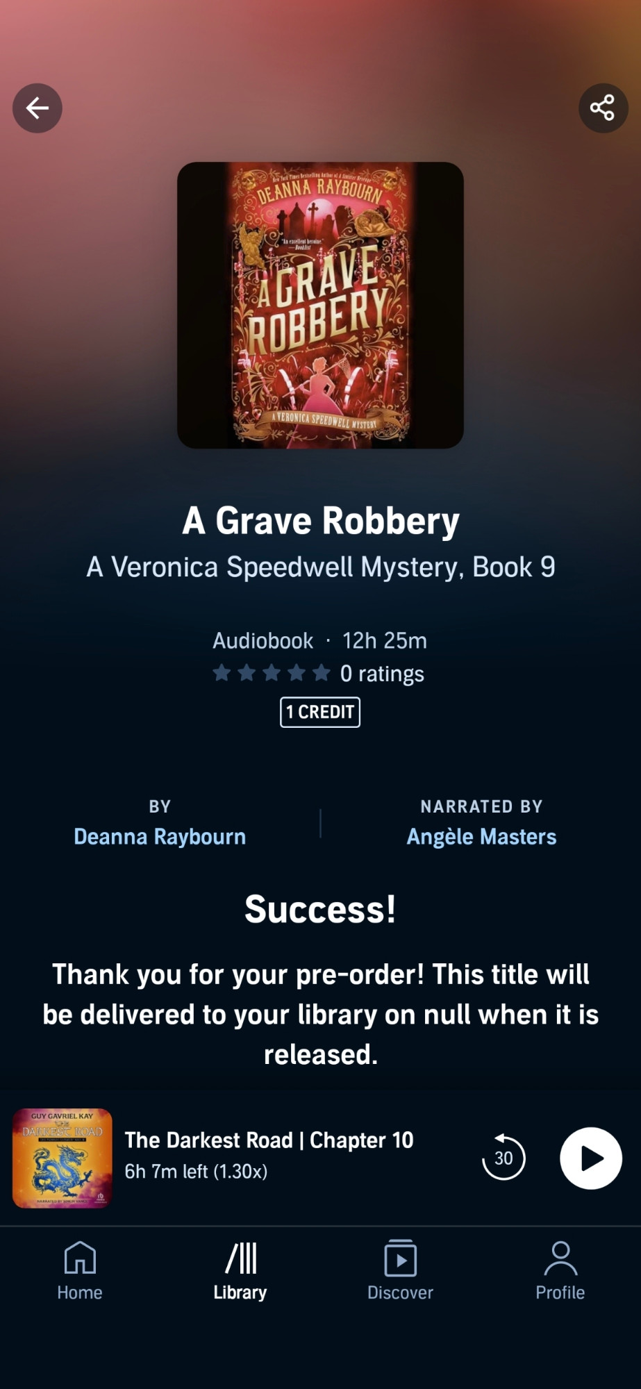 Screenshot for "A Grave Robbery" by Deanna Raybourn narrated by Angèle Masters
Successfully preordered