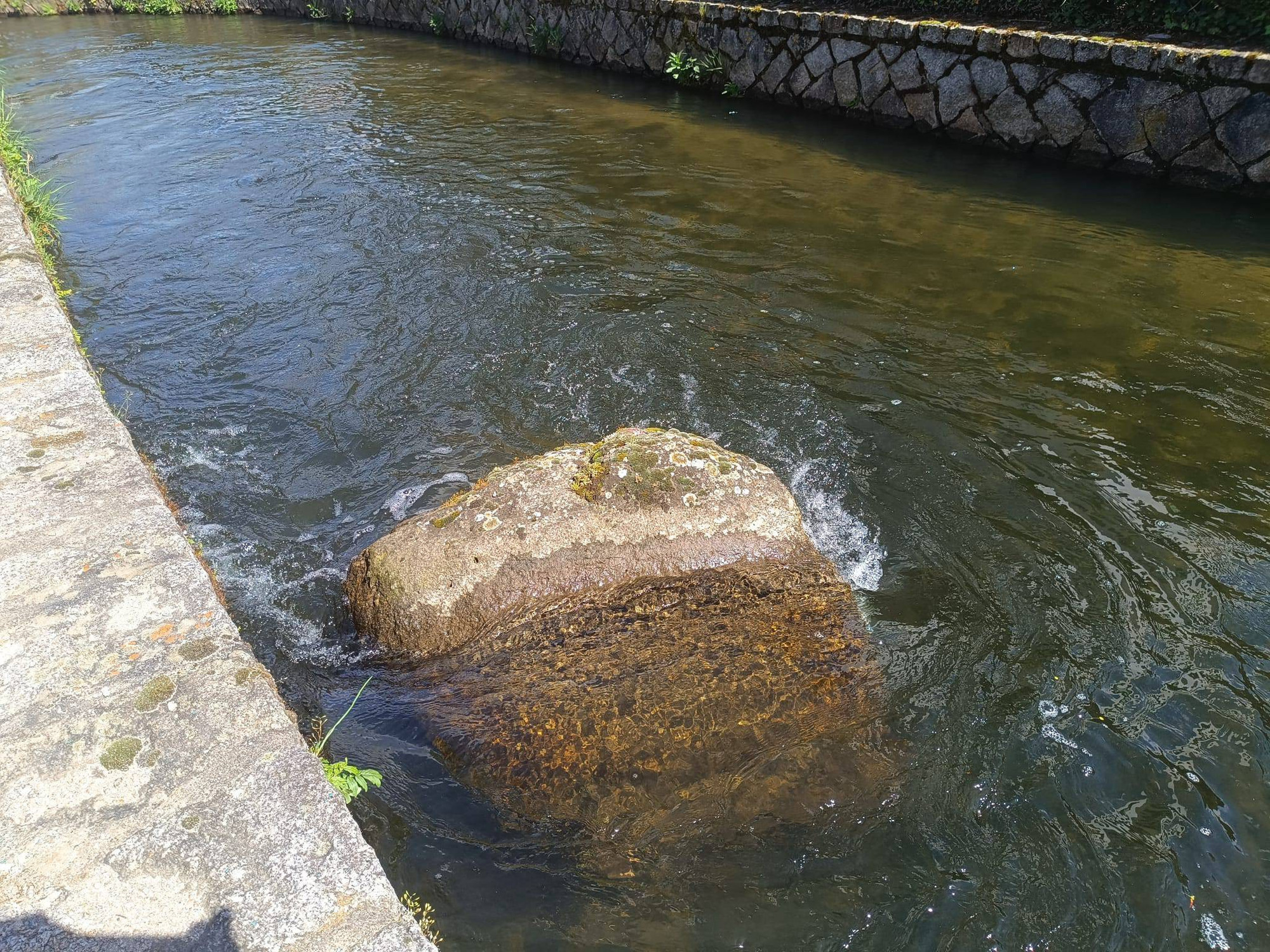 Ein Stein wird in einem Kanal vom fließenden Wasser umspült.