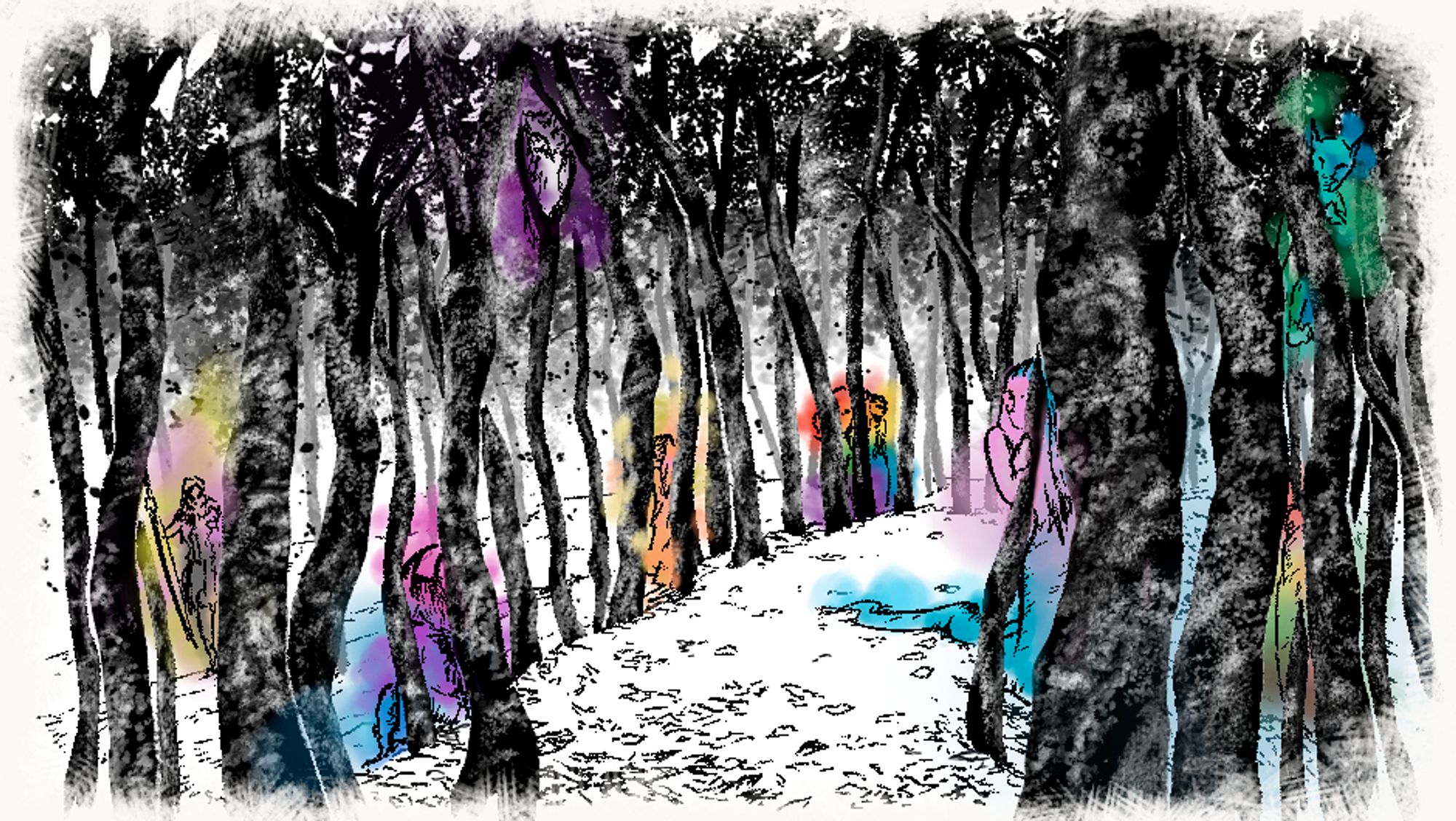 Ilustración apaisada con un bosque en blanco y negro cruzado por un camino cubierto de hojarasca. Entre los árboles se esconden criaturas fantásticas varias, coloreadas con auras que forman la paleta de colores de varias banderas LGTBQ+