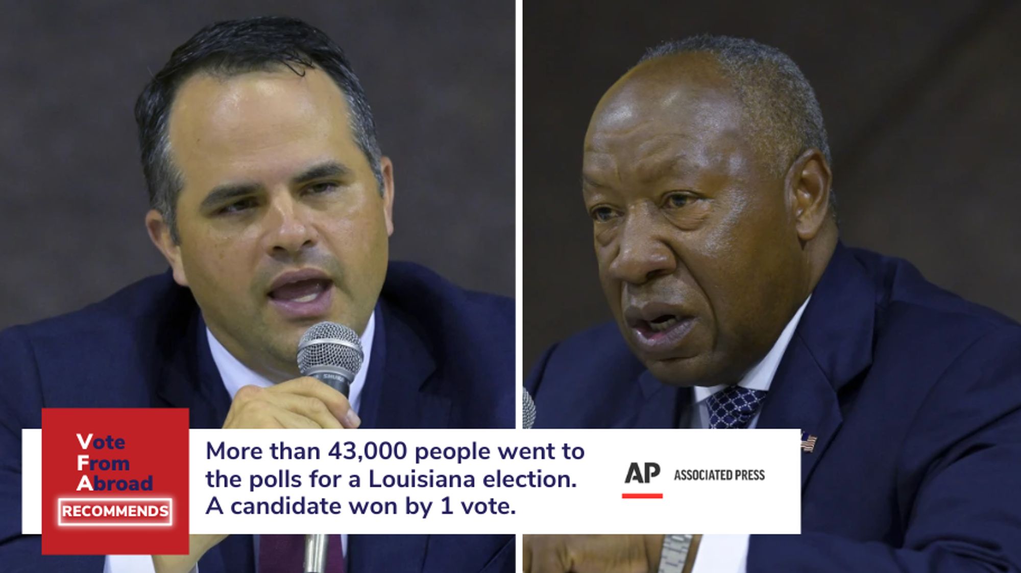 A split screen of two middle aged men. On the left is John Nickelson, the Republican, and on the right, Henry Whitehorn, a Democrat. Both were candidates in a close election in Louisiana. The caption on the graphic says, "Vote From Abroad recommends, More than 43,000 people went to the polls for a Louisiana election. A candidate won by 1 vote." from The Associate Press. 